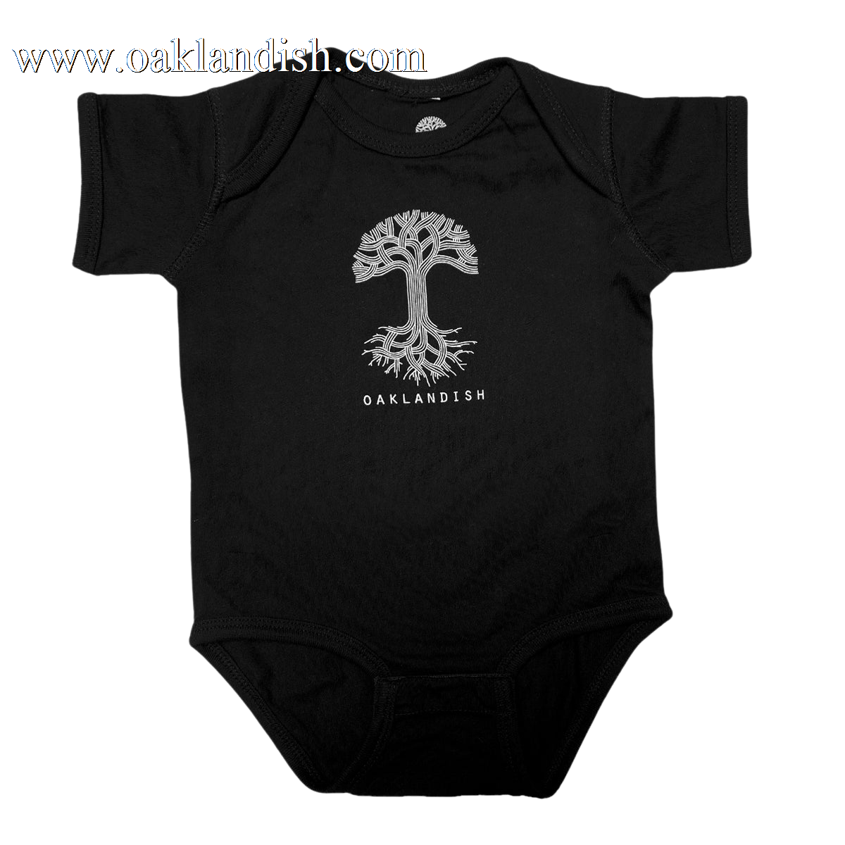 The Infant Oaklandish Classic Logo One-Piece by Oaklandish is a black baby romper showcasing a stylized silver tree with spreading roots and branches at its center. Below the tree, "OAKLANDISH" is written in capital letters. Made from 100% cotton, this onesie features a round neckline, short sleeves, and a reinforced snap closure for easy changes.