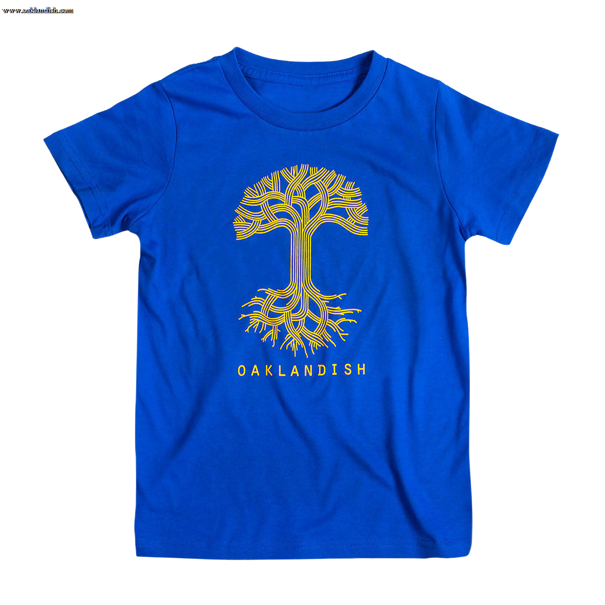 The Youth Oaklandish Classic Logo Tee by Oaklandish is a royal blue youth T-shirt made from 100% cotton. It features a stylized yellow tree design with intricate, symmetrical branches and roots extending from the center. Below the tree, the word "OAKLANDISH" is printed in bold capital letters.