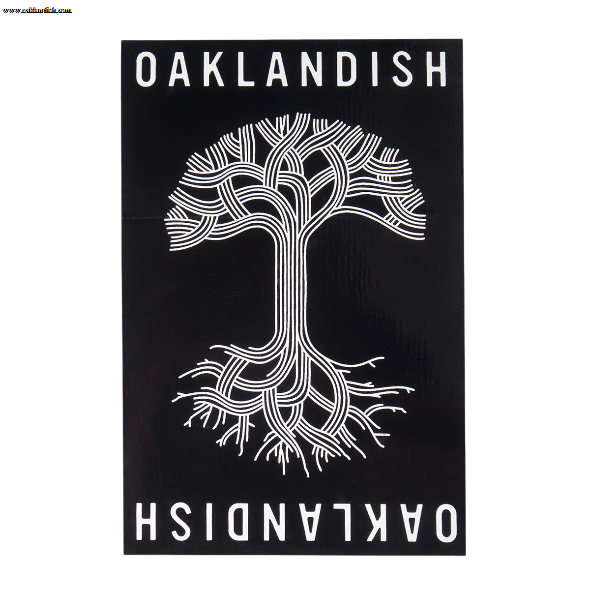 A black rectangular image featuring a white, intricate, abstract tree design with roots and branches forming complex patterns. The word "OAKLANDISH" appears at the top and bottom in bold white capital letters, with the bottom text mirrored upside down. Perfect as an Oaklandish Classic Sticker or accessory for any fan of Oakland.