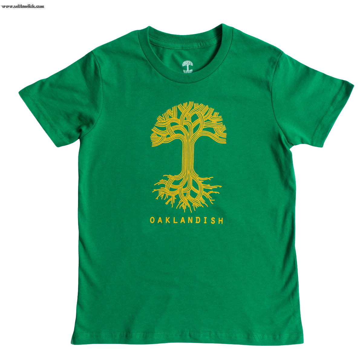 Introducing the Youth Oaklandish Classic Logo Tee by Oaklandish: This Kelly green t-shirt for kids features a striking yellow stylized tree design at its center, with interconnected branches and roots. The word "OAKLANDISH" is printed below the tree in bold yellow capital letters. Crafted from 100% cotton, this tee has a round neckline and short sleeves, showcased against a white backdrop.