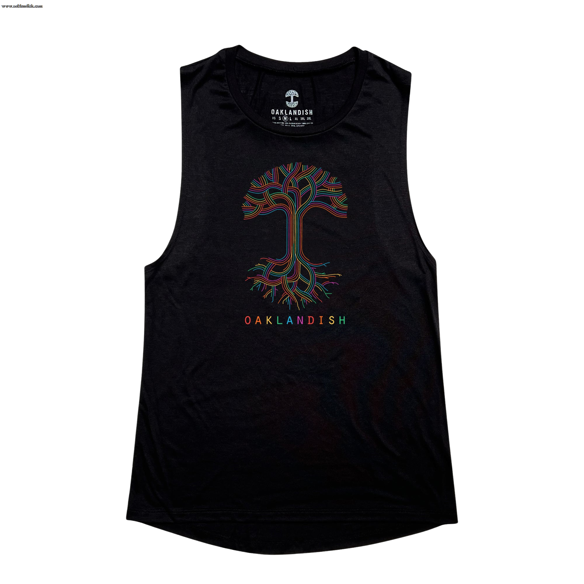 The Women's Oaklandish Pride Classic Logo Tank by Oaklandish is a black sleeveless top featuring a multicolored tree design on the front. The roots and branches form a symmetrical pattern, with the word "OAKLANDISH" printed below in rainbow letters, showcasing pride in Oakland. Inside the collar, "OAKLANDISH" is also printed along with care instructions.