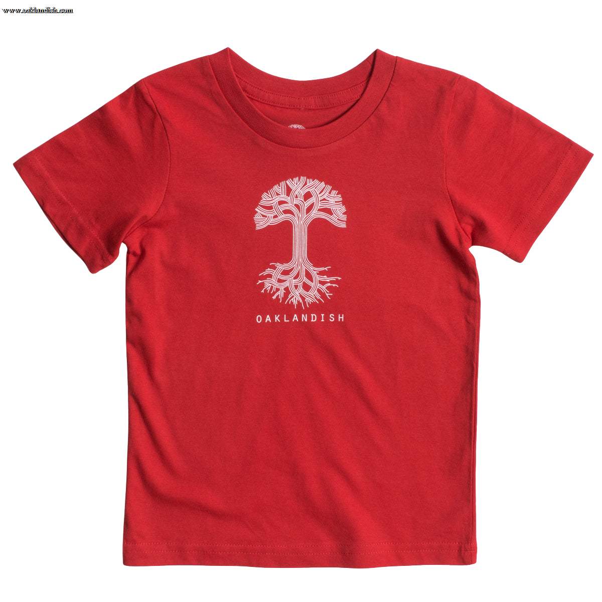 The Toddler Oaklandish Classic Logo Tee by Oaklandish features a red, short-sleeve T-shirt made from 100% cotton. It has a white graphic of a stylized tree with sprawling roots and branches, with "OAKLANDISH" printed in bold white capital letters below the tree. The shirt is displayed laid flat against a white background.