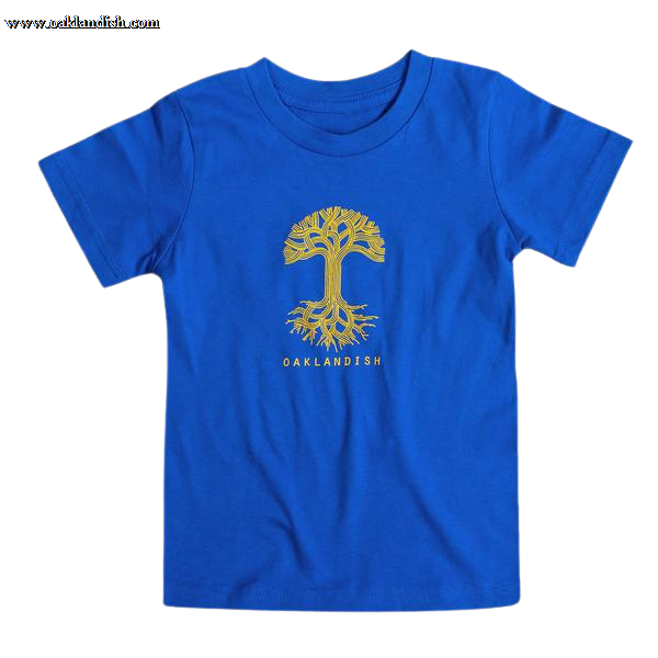The Toddler Oaklandish Classic Logo Tee by Oaklandish, in royal blue and made from 100% cotton, showcases a graphic of a yellow tree with upward-reaching branches and downward-stretching roots, creating a symmetrical design. Below the tree, "OAKLANDISH" is printed in yellow capital letters. The T-shirt is displayed on a plain white background.