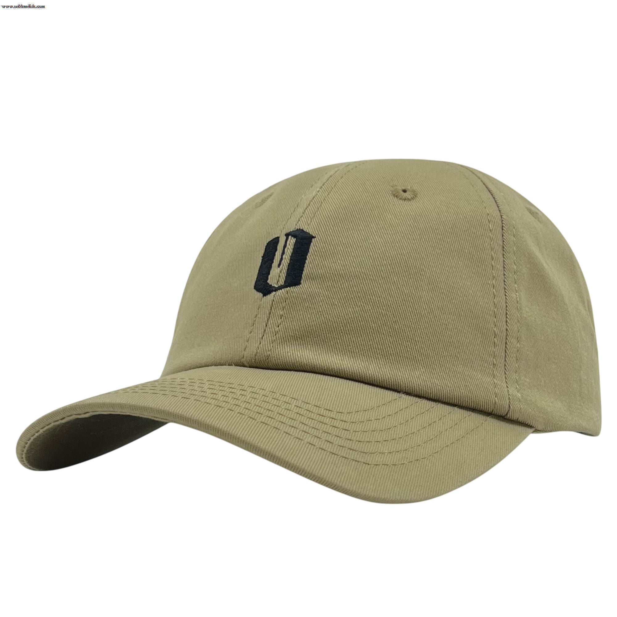 The Official Micro Logo Dad Hat from Oaklandish is a khaki green Dad hat with a curved brim, adorned with a black embroidered logo on the front. The abstract design resembles the letter "U." This cap features visible stitching, a button on top, and an adjustable strap for a perfect fit. The background is plain white.