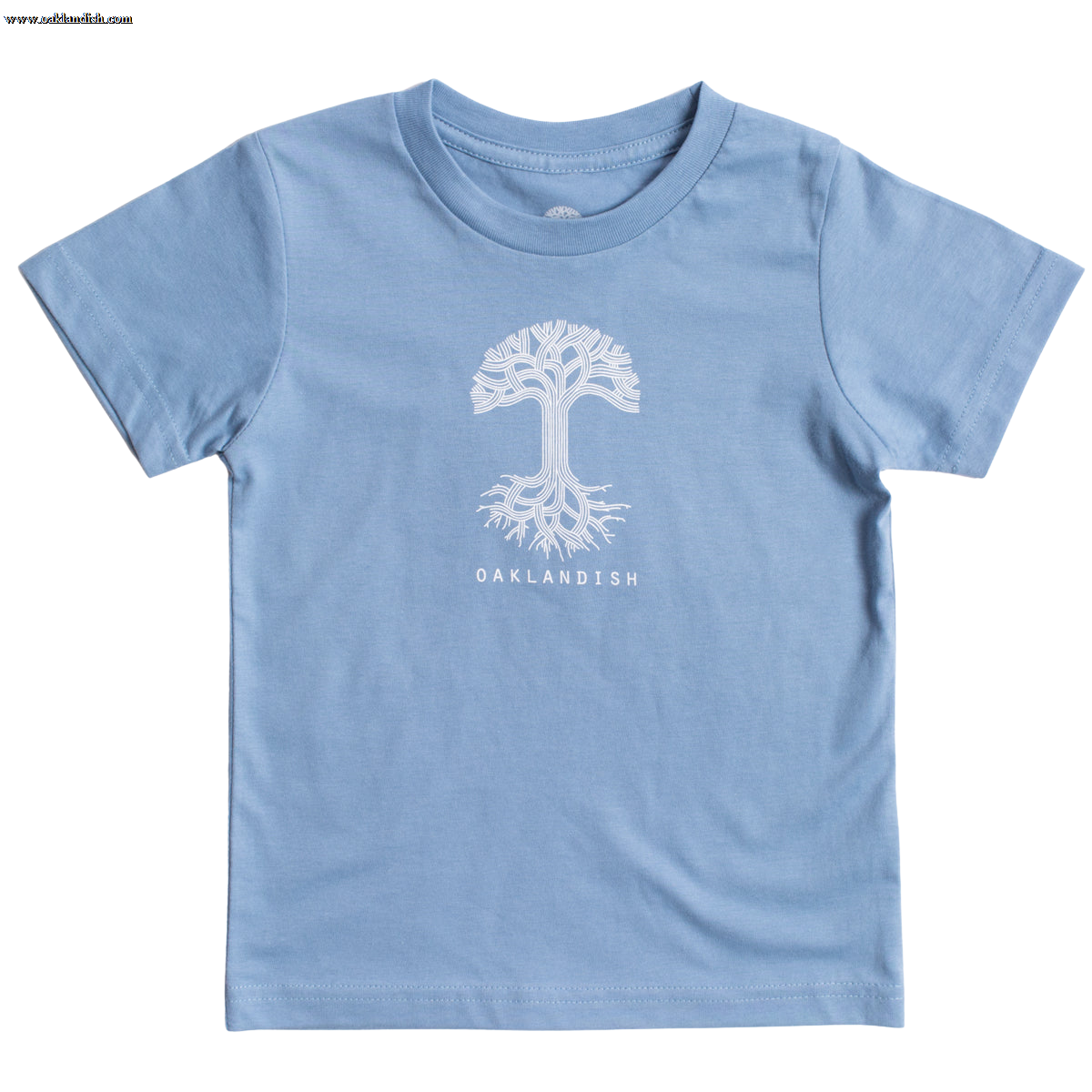 Introducing the Toddler Oaklandish Classic Logo Tee by Oaklandish: a Carolina blue short-sleeve t-shirt showcasing a white graphic of a tree with its roots, symbolizing the tree of life. The word "OAKLANDISH" is printed in white uppercase letters below the tree. Crafted from 100% cotton, this shirt is displayed flat against a plain white background.