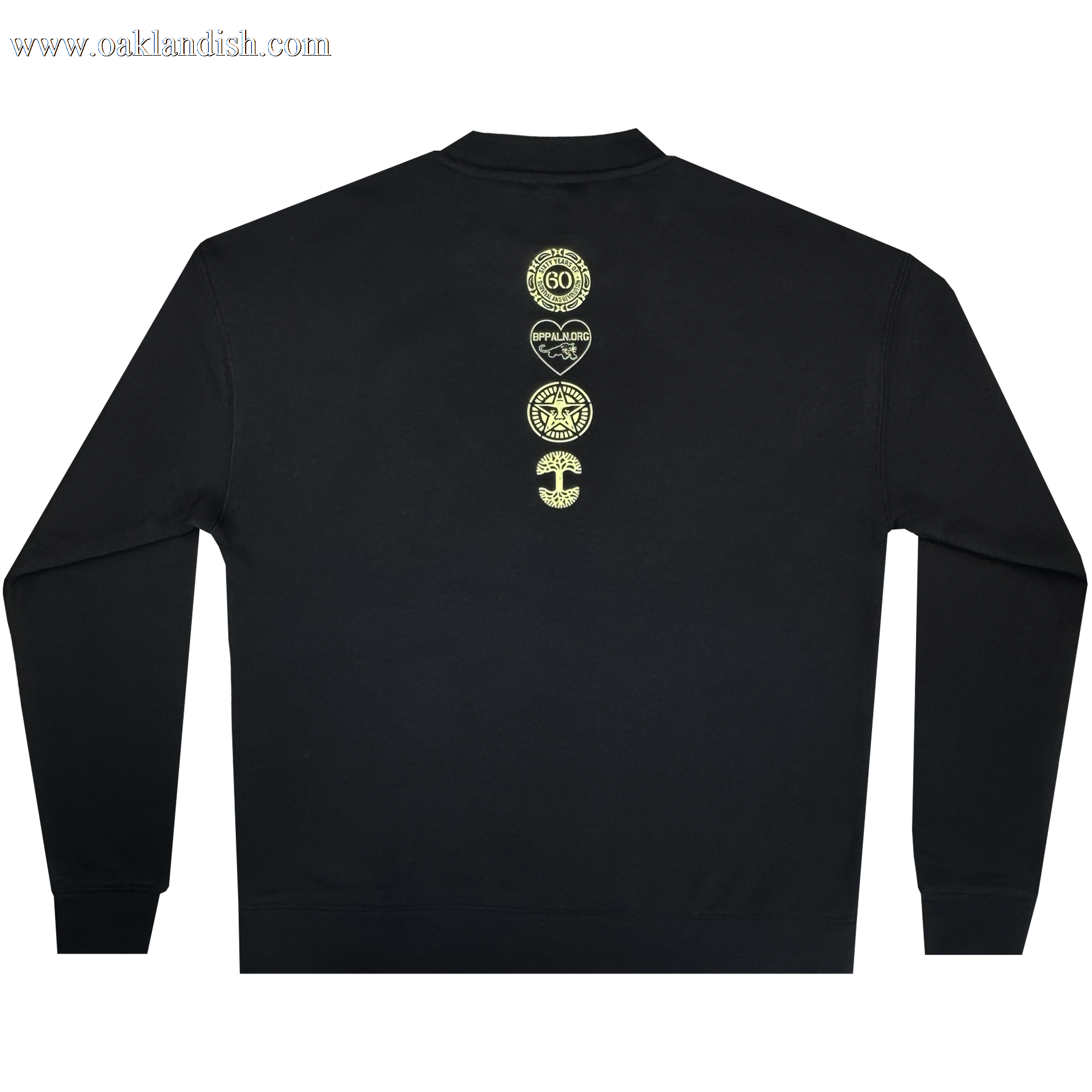 The Obey x BPPALN x Oaklandish - 60th Educate to Liberate Crew by Oaklandish is a black crewneck sweatshirt shown from the back, featuring five unique yellow graphics aligned vertically to celebrate the Black Panther Party’s 60th anniversary.