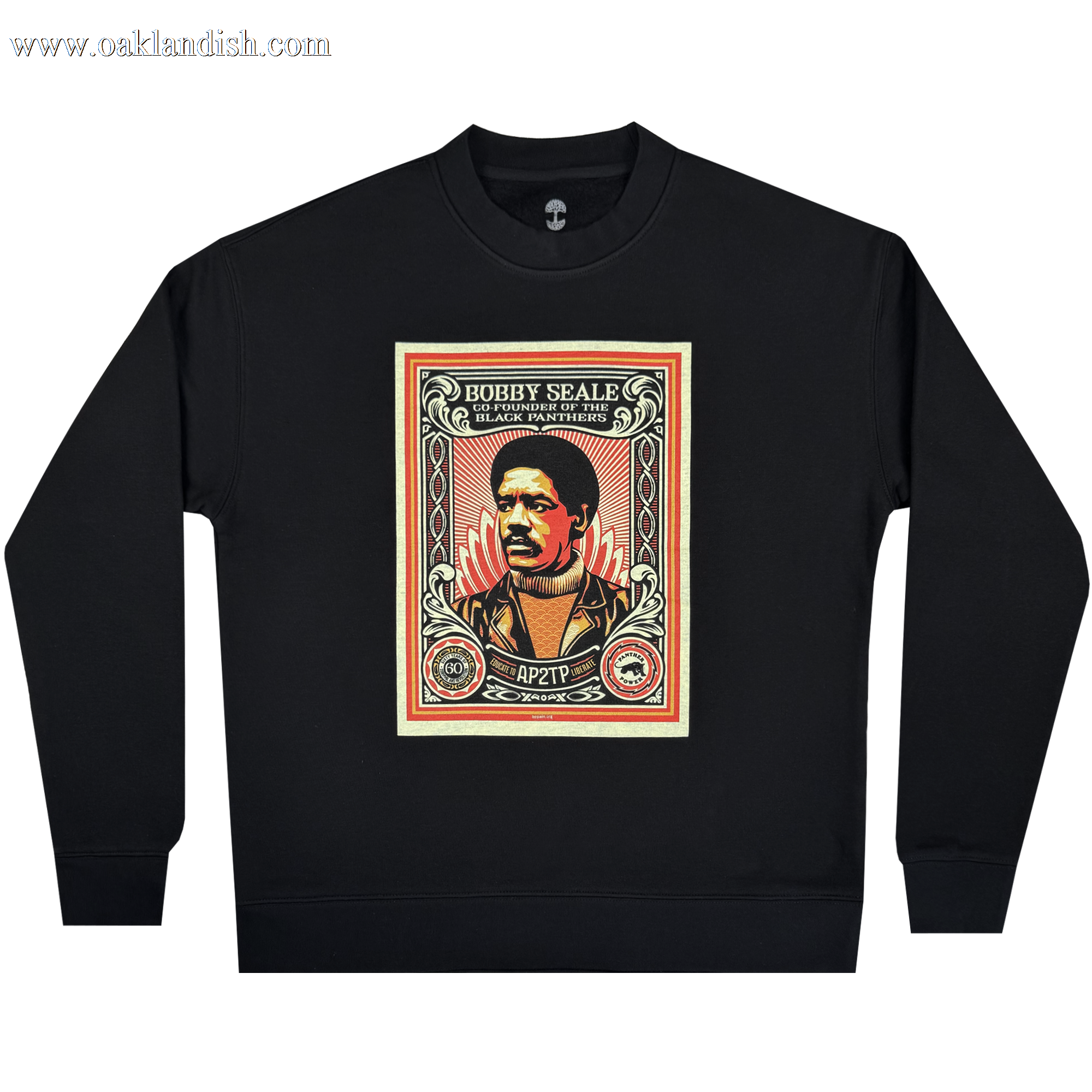 The Oaklandish Obey x BPPALN - 60th Educate to Liberate Crew features a bold portrait of Bobby Seale framed in red and beige, honoring the Black Panther Party’s 60th anniversary with striking graphics and “AP2TP” below.
