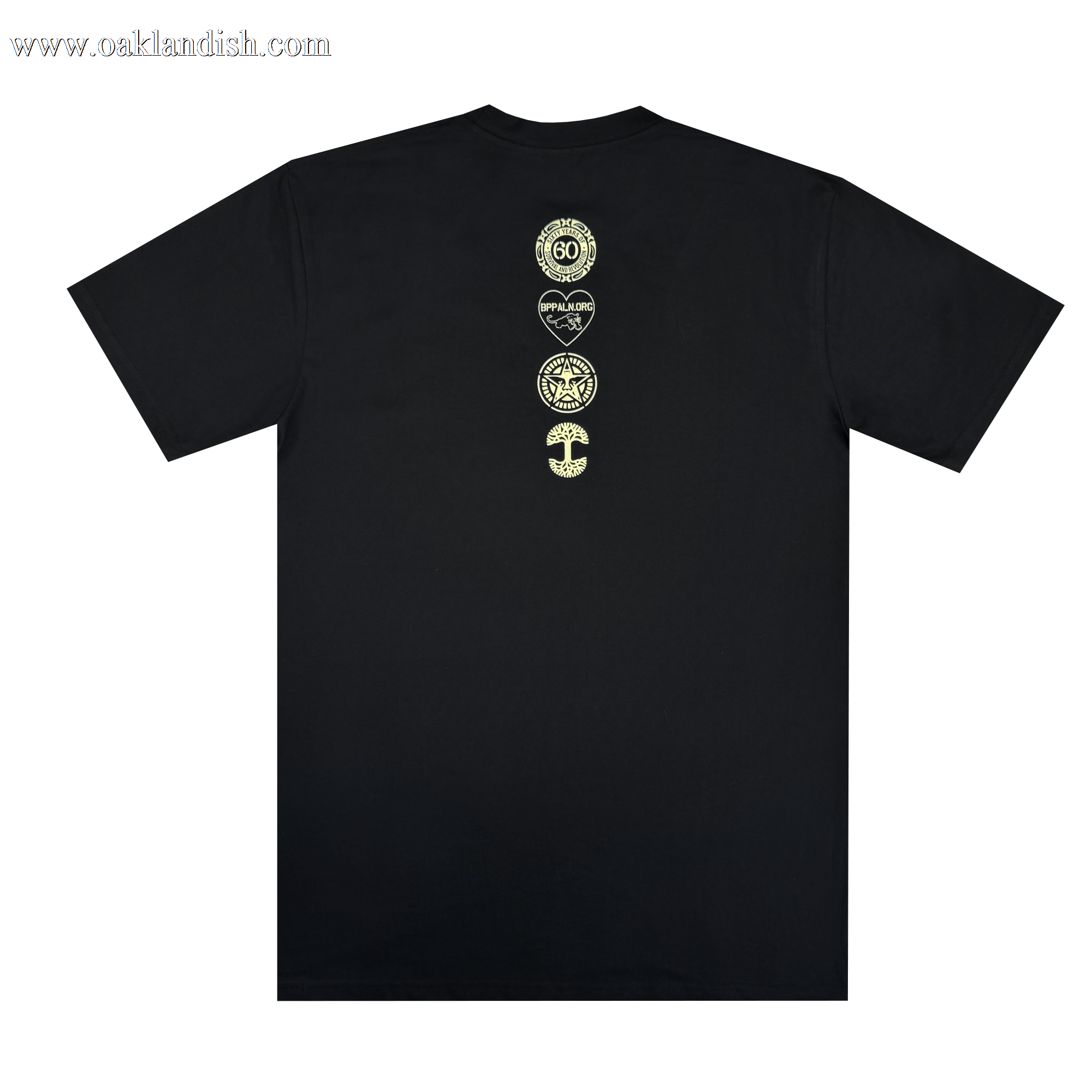 The Obey x BPPALN x Oaklandish - 60th Educate to Liberate Tee by Oaklandish is a black short-sleeve shirt with four small yellow-green symbols vertically on the upper back, laid flat on a white background.