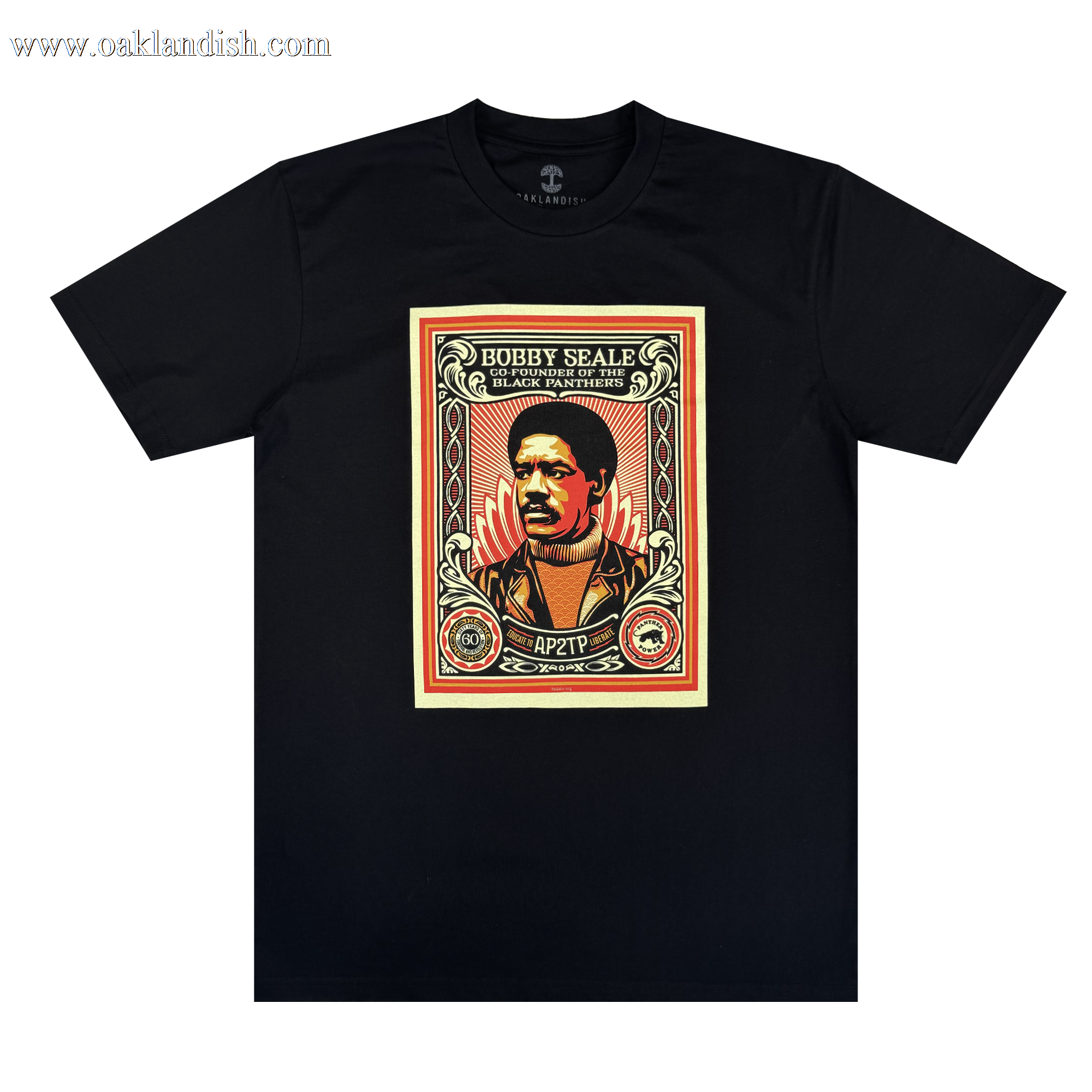 The Oaklandish Obey x BPPALN - 60th Educate to Liberate Tee features a stylized red and beige Bobby Seale portrait, “Bobby Seale, Black Panthers” text and logos, celebrating the Black Panther Party’s 60th anniversary.