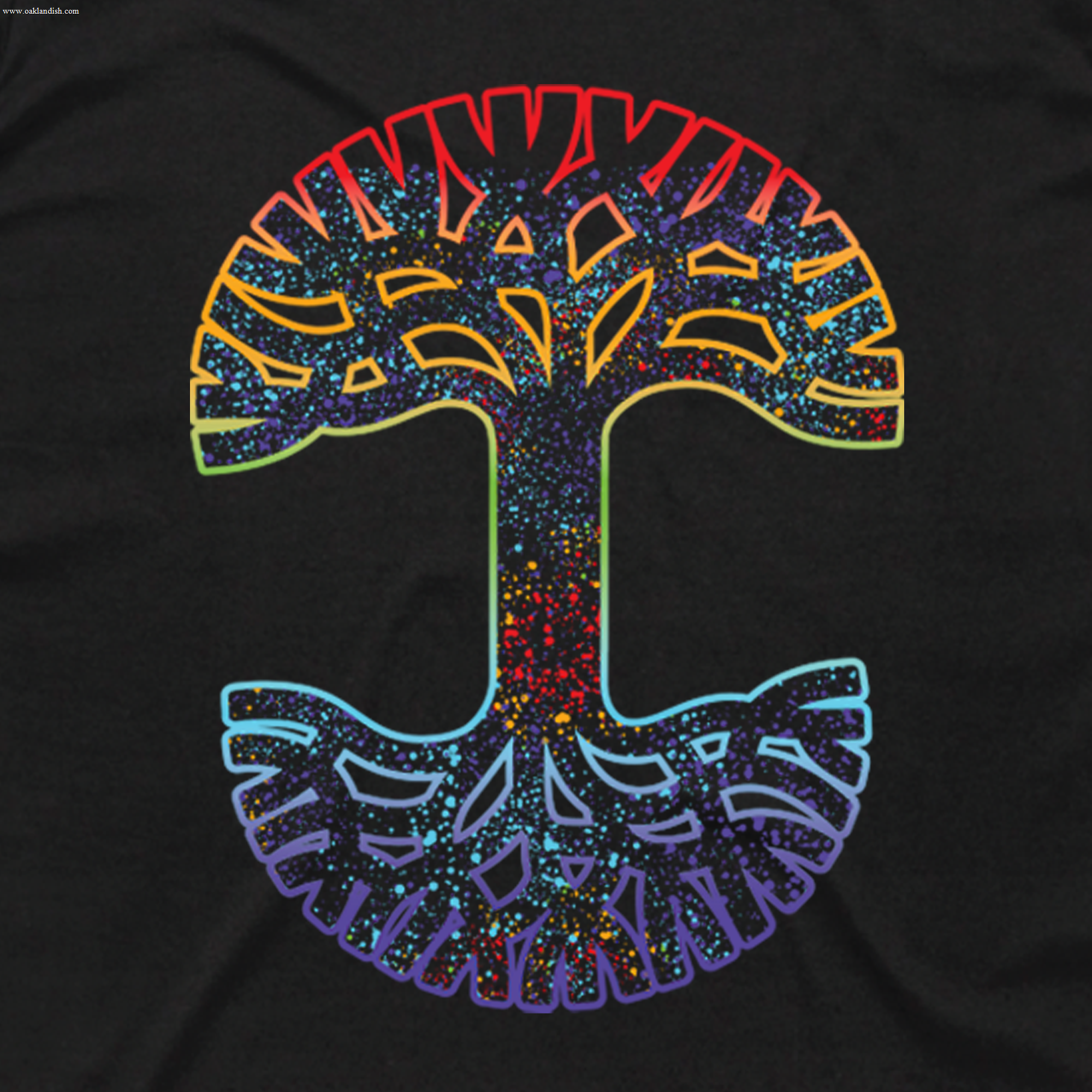 The Women's Prism Tee by Oaklandish features a classic fit logo shirt with a stylized tree design on a black backdrop, showcasing a red, yellow, and blue gradient. Made from 100% cotton, it also boasts branches and roots meeting at the central trunk with a colorful splatter finish.