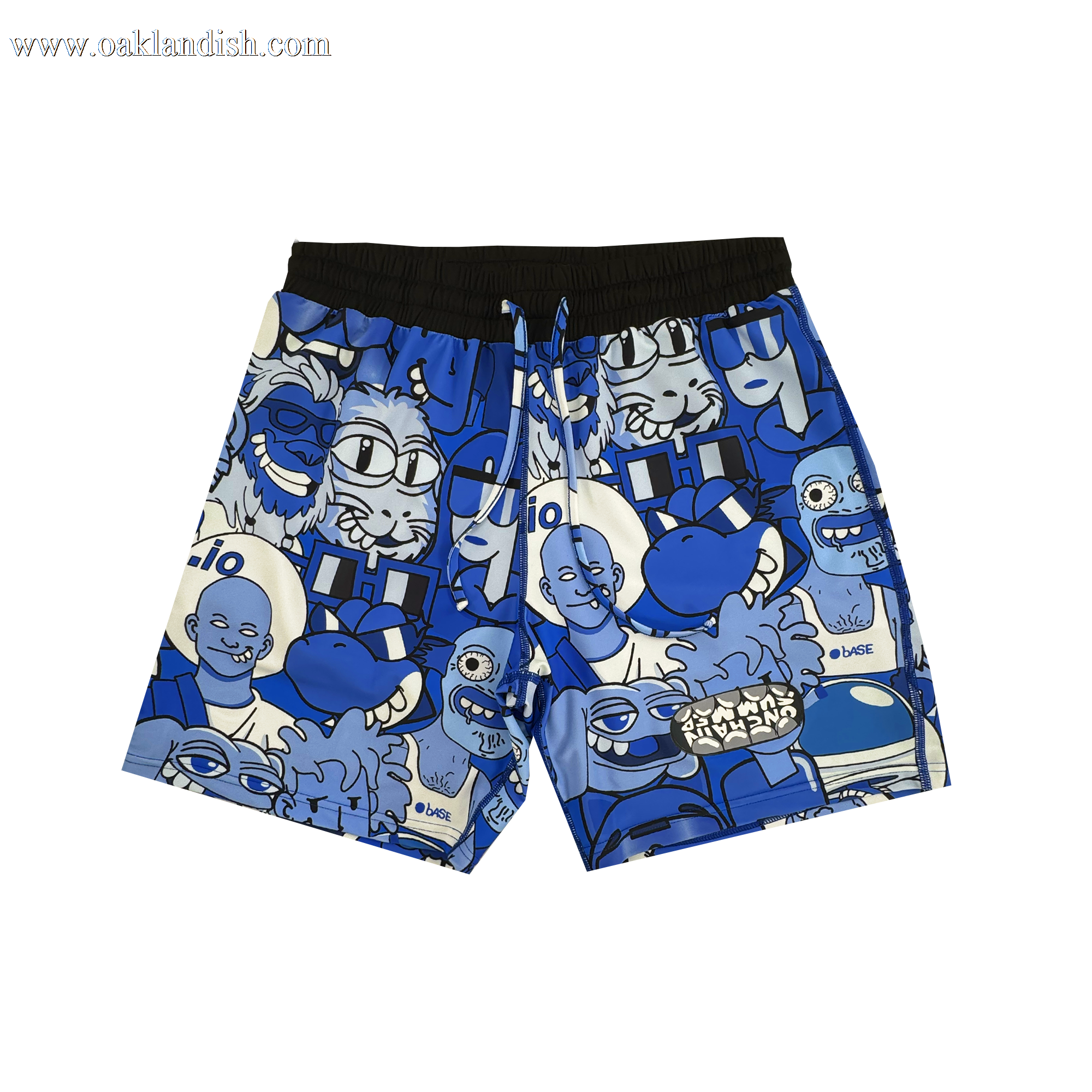 Supported Brands OG Swim Trunks feature a blue and black cartoon print with abstract, humorous faces and quirky doodles, plus a black elastic waistband. Made from comfy spandex for playful style and comfort.