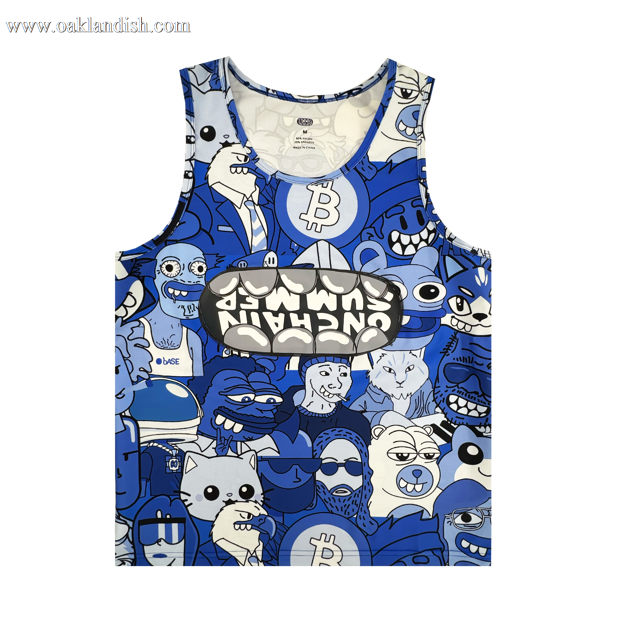 The OG Summer Tank by Supported Brands features bold blue and white tones with cartoon faces, animals, people, and Bitcoin logos. “UNCHAIN” stands out in the center—designed for unique style inspired by events like Onchain Summit.