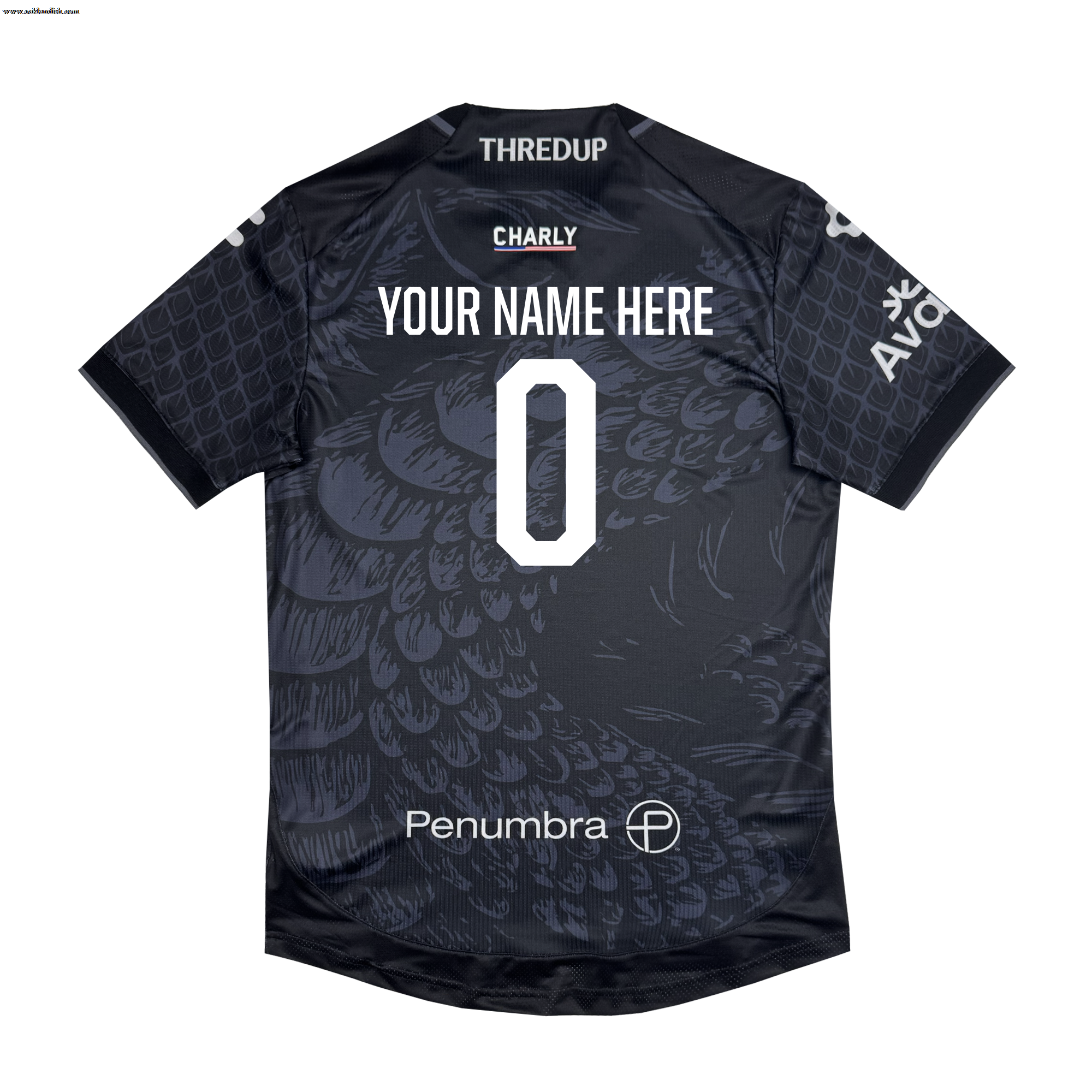 The Custom Unisex Oak-ness Awakens Kit by Oakland Roots SC is a black athletic jersey with scale patterns inspired by Oakland folklore and the mythical Oak-ness Monster, “YOUR NAME HERE,” a large white 0, and sponsor logos: Penumbra, CHARY, THREDUP, and AVO.