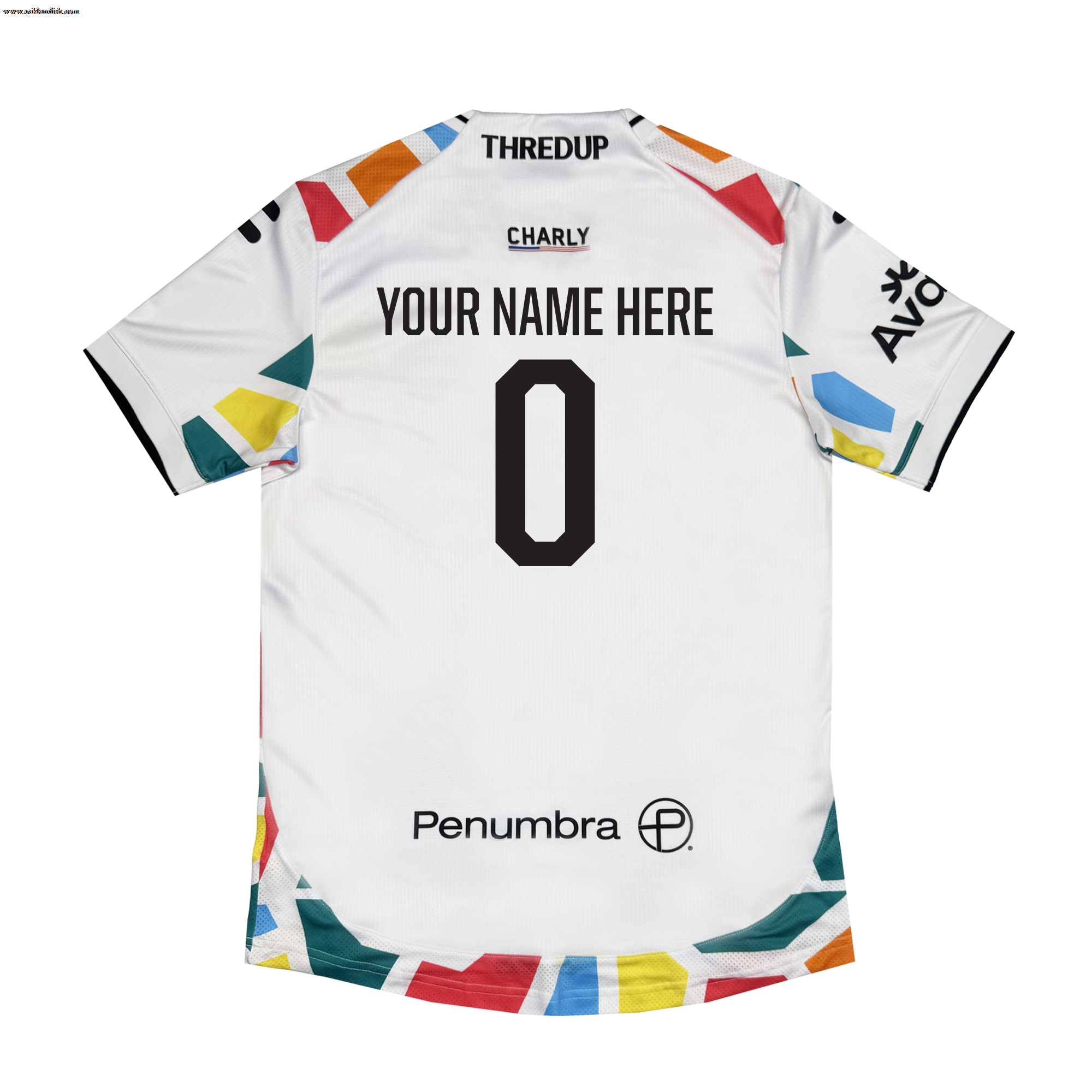 Back view of the Custom Unisex Mosaic in Motion Kit by Oakland Roots SC, featuring colorful geometric shapes on sleeves and hem, "YOUR NAME HERE" and 0 in bold black, plus sponsor logos (THREDUP, CHARLY, AVA, Penumbra) in black.
