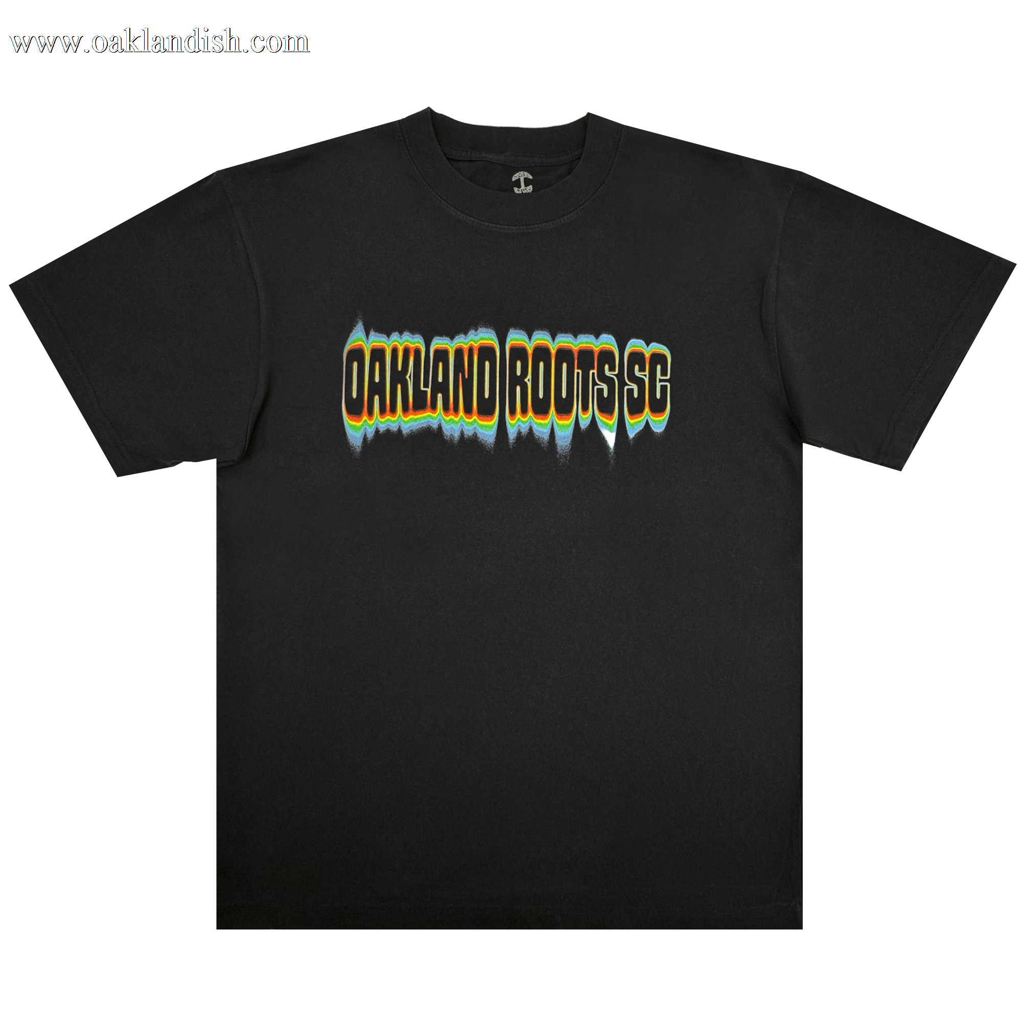 The Acid Tee by Oakland Roots SC is a black t-shirt with “OAKLAND ROOTS SC” in bold, distorted yellow, white, and teal letters outlined in black across the chest. The product is displayed on a plain white background.