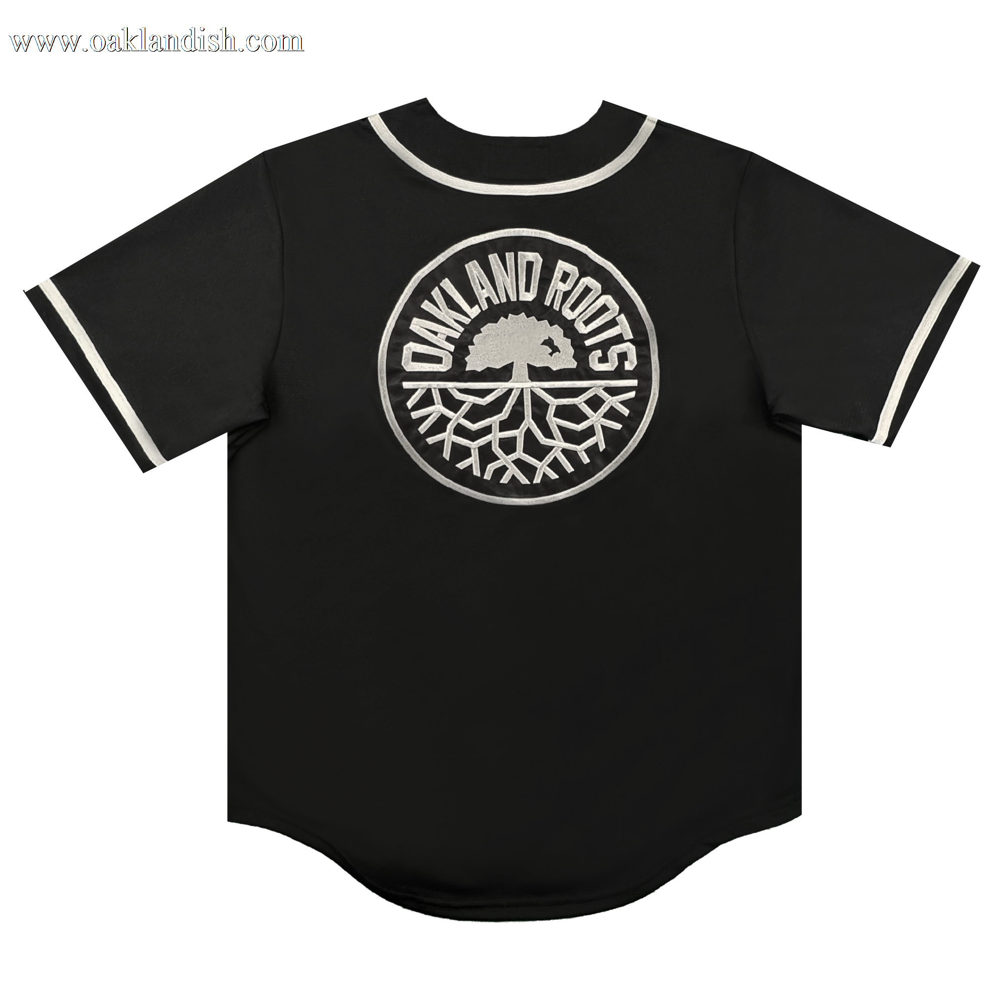 Introducing the ORSC Button Up Jersey by Oakland Roots SC—a black short-sleeve jersey accented with white trim on the collar and sleeves. This lifestyle piece proudly showcases a large, white circular Oakland Roots Sports Club logo on the back, featuring an oak tree above stylized roots and surrounded by the text "OAKLAND ROOTS".