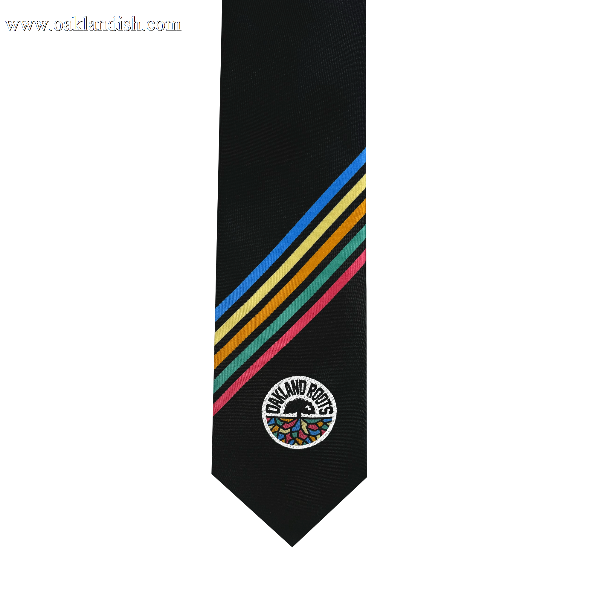 The Oakland Roots SC Tie, by Oakland Roots SC, features a black background with five diagonal stripes in yellow, blue, green, red, and pink adorning the left side. Near the bottom tip is an embroidered circular logo of the Oakland Roots that encircles a multicolored tree design, capturing the essence of Oaklandish style with a commitment to social good.