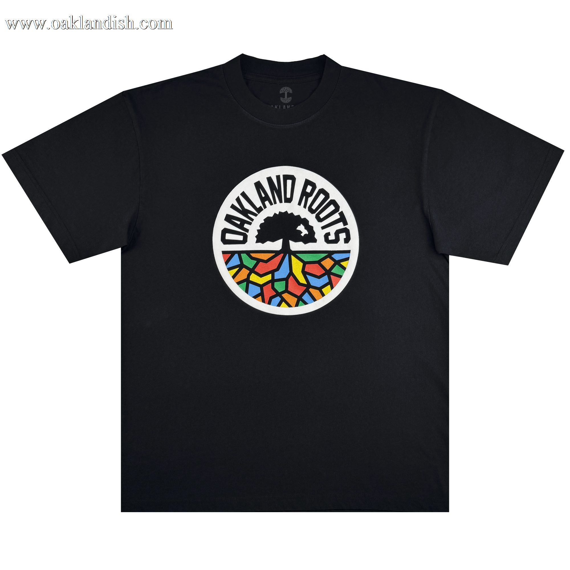 The Oakland Roots SC X Oaklandish Bootleg Tee by Oaklandish is a black shirt featuring a round club logo, bold lettering, a black tree silhouette, and vibrant mosaic roots in red, blue, orange, yellow, and green.