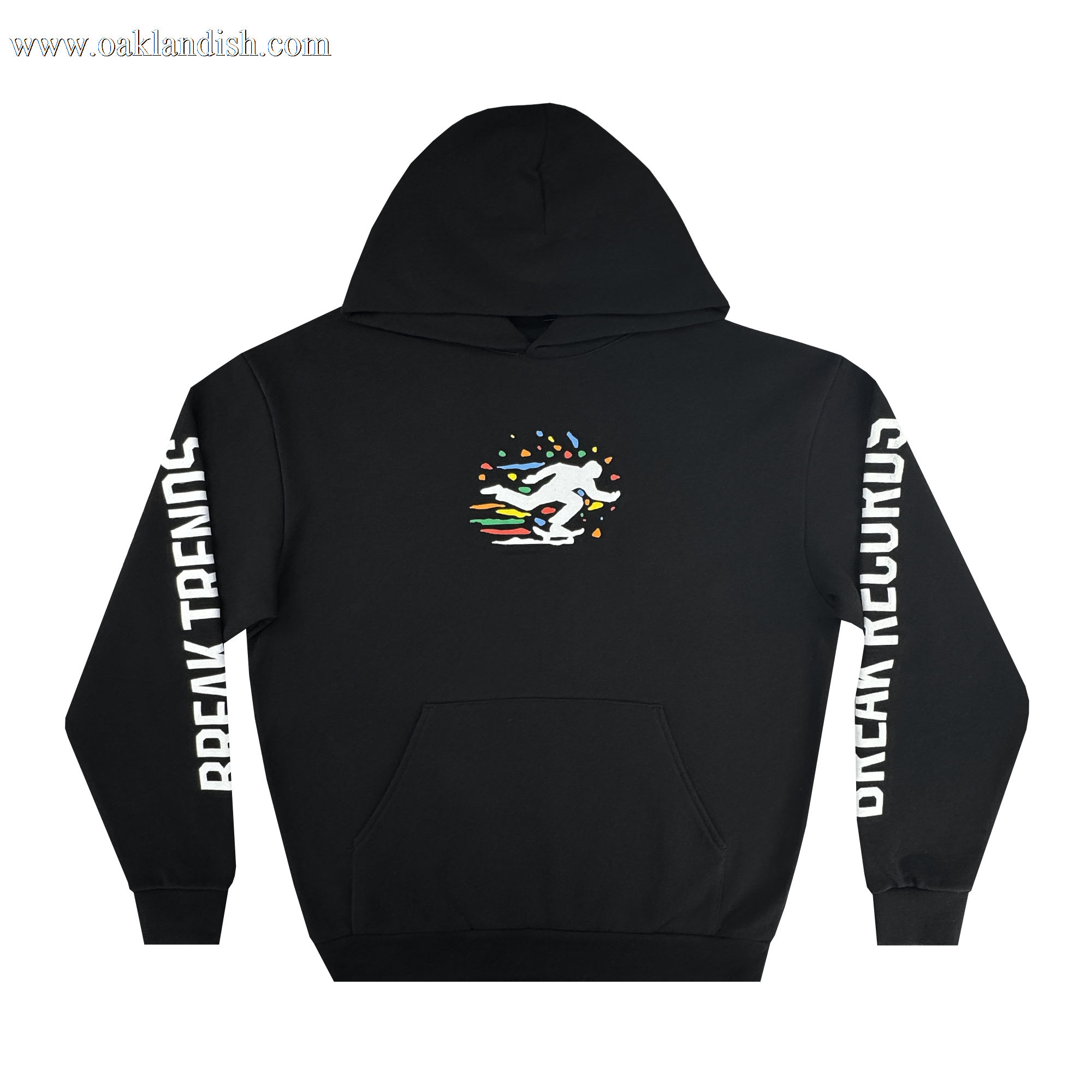 The Oakland Roots SC X Break Free Hoodie by Oakland Roots SC is a black heavyweight hoodie with a vibrant running figure and confetti graphic on the chest, plus bold white “BREAK TRENDS” and “BREAK RECORDS” text down the sleeves.