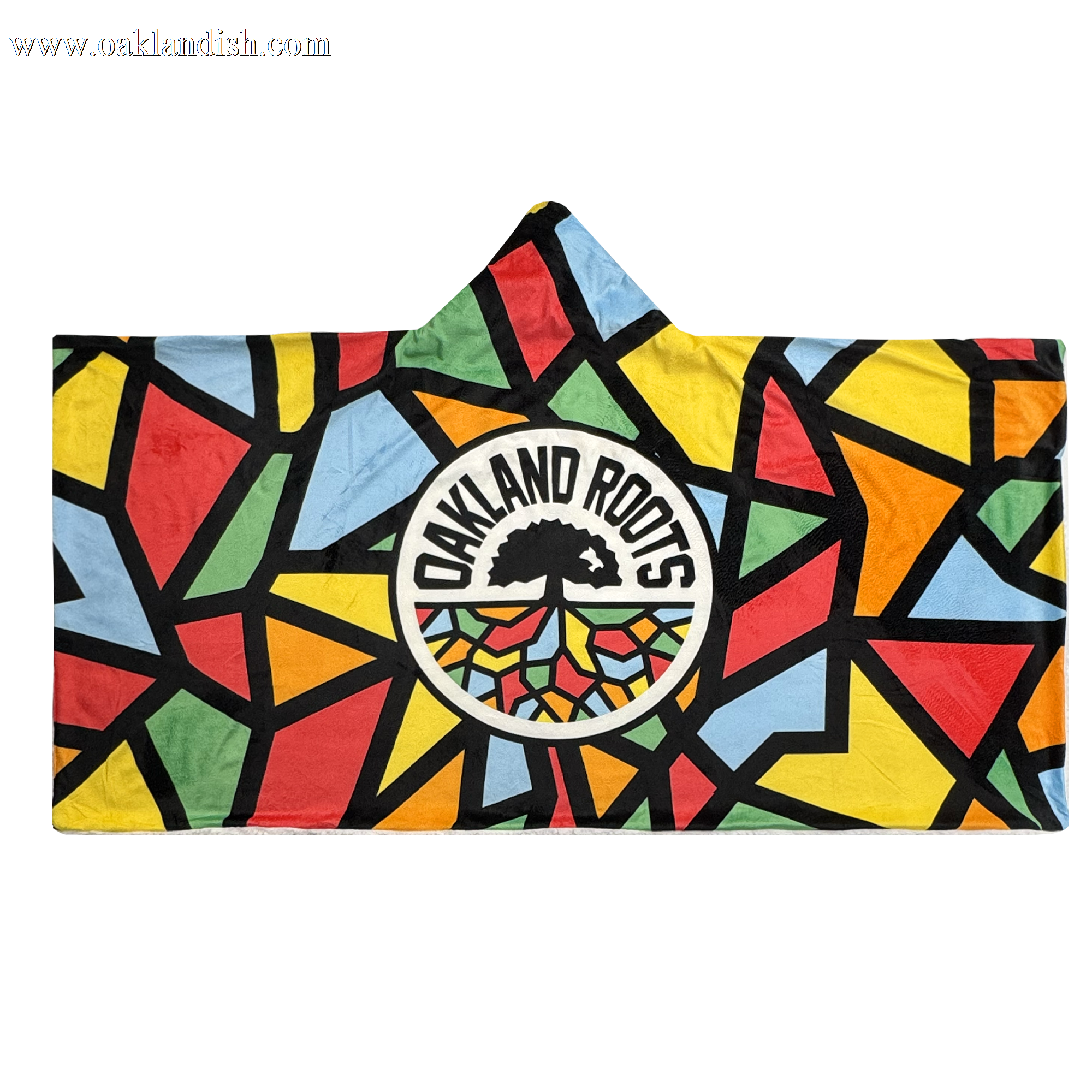 The Oakland Roots SC Sherpa Blanket features a bold stained-glass pattern in vibrant colors, with a black tree inside a white circle above “Oakland Roots” and multicolored roots—perfect for any Oakland Roots SC fan.
