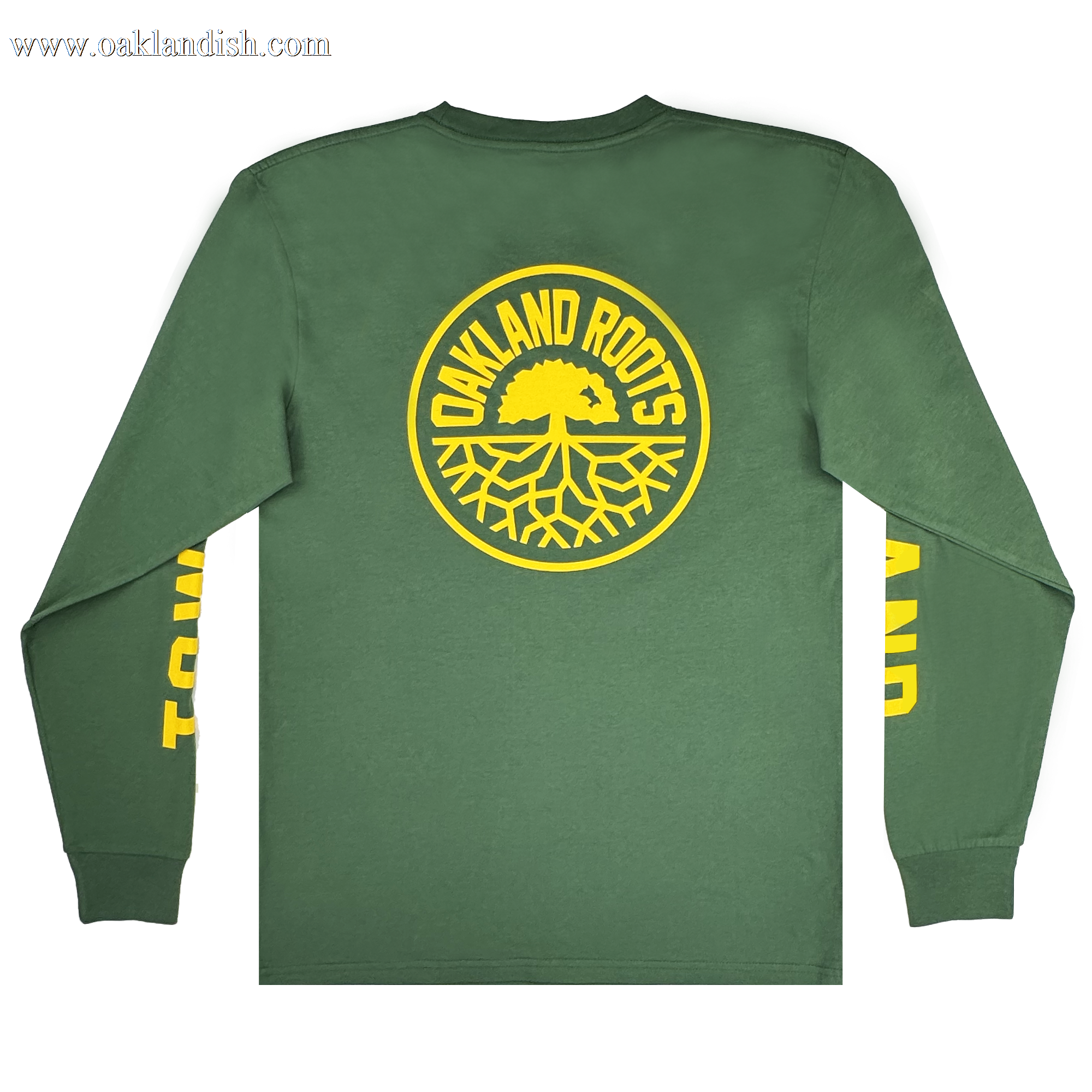 The Oakland Roots SC Classic 2.0 LS Tee features a green color, “OAKLAND ROOTS” in yellow around a tree and roots emblem on the back, and bold yellow text down the left sleeve, embodying the nature-inspired style of Oakland Roots SC.