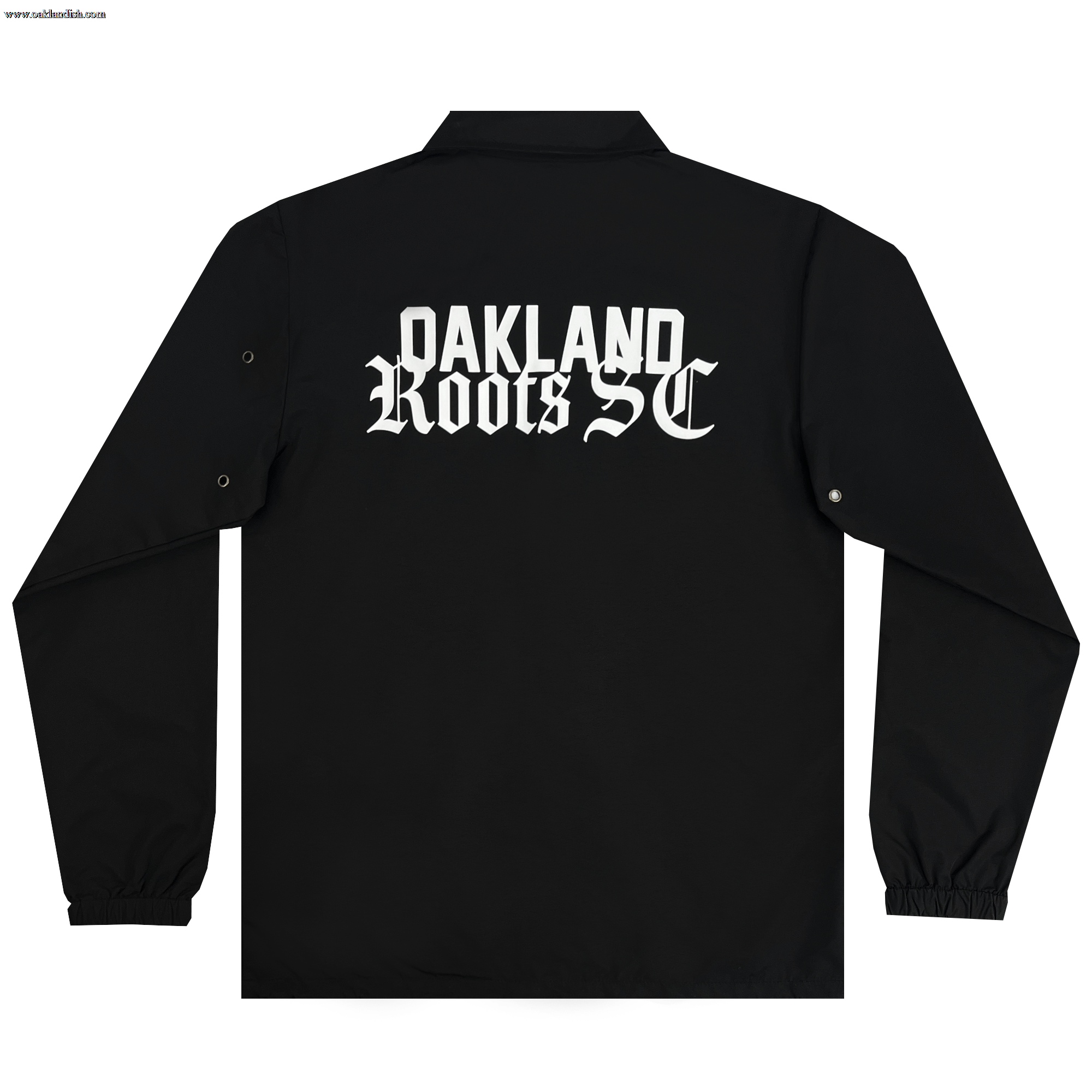 The Oakland Roots SC Coaches Jacket by Oakland Roots SC is a black, premium coach's jacket showcasing the words "OAKLAND ROOTS SC" in white, gothic-style lettering on the back. This water-resistant jacket features long sleeves with buttoned cuffs and a straight hem, making it perfect for fans of the Oakland Roots Sports Club.