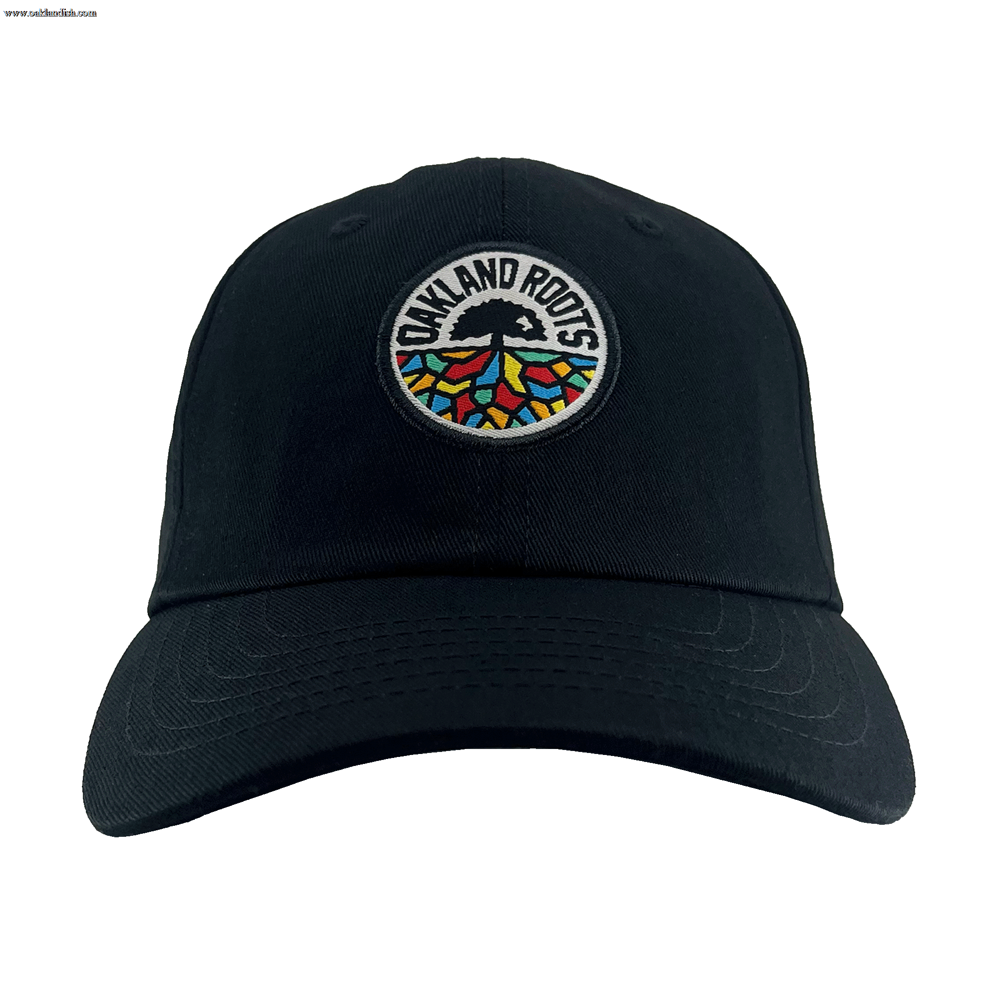 Introducing the Oakland Roots SC Logo Curved Visor Hat from Oakland Roots SC—a stylish black baseball cap featuring a striking embroidered logo of a tree with rooted branches presented in a vibrant mosaic style. The text "OAKLAND ROOTS" elegantly encircles the tree, symbolizing the sports club's dedication to social good. This cap also boasts a curved brim and detailed stitching along both the front panel and brim.