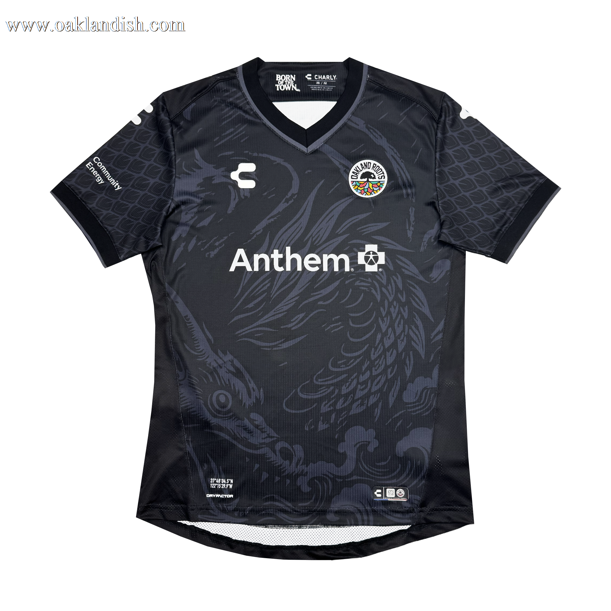 The Unisex Oak-ness Awakens Kit by Oakland Roots SC is a black soccer jersey featuring dark gray serpent-like dragon graphics inspired by Oakland folklore, with the club crest left, white "Anthem" sponsor center, and manufacturer's logo right.
