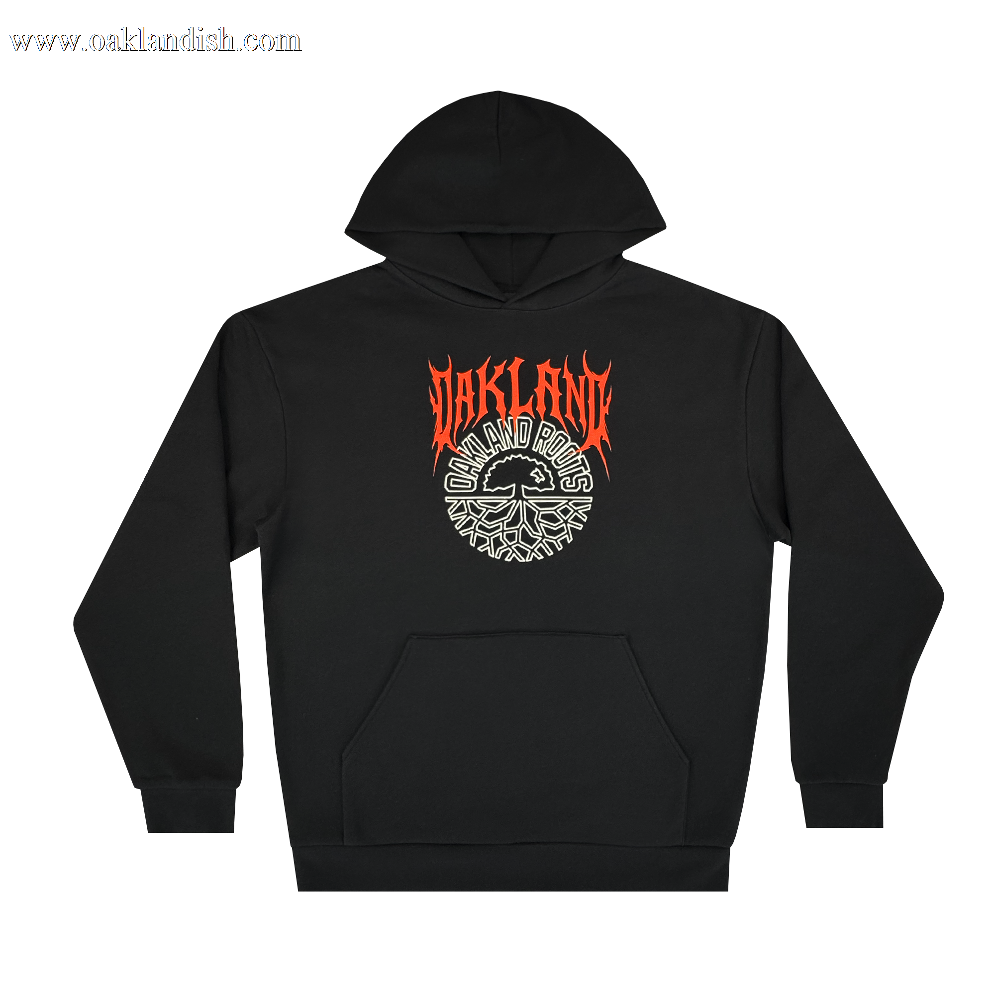 The Oakland Roots SC Forge Hoodie by Oakland Roots SC is a black hoodie with a front pocket, featuring bold red “OAKLAND” spiky text above a flame-like circular graphic reading “OAKLAND ROOTS”—a stylish nod to team pride.