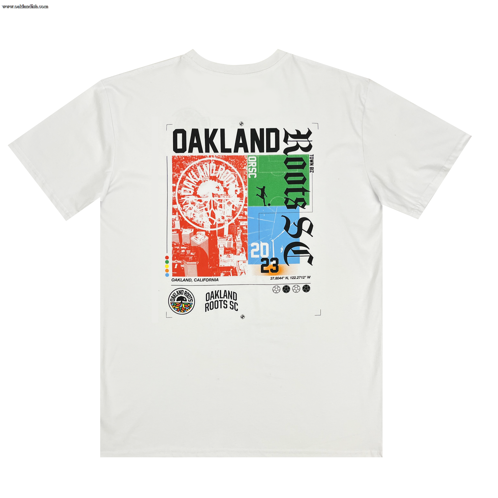The Oakland Roots SC Futbol Town Tee showcases a lively graphic on the back, incorporating the "Oakland Roots SC" text, a circular logo, various geometric shapes, a Ferris wheel design, and the numbers "20" and "23" in multicolored blocks to highlight the year. The dynamic Sports Club design is enhanced by black and white texts and logos.