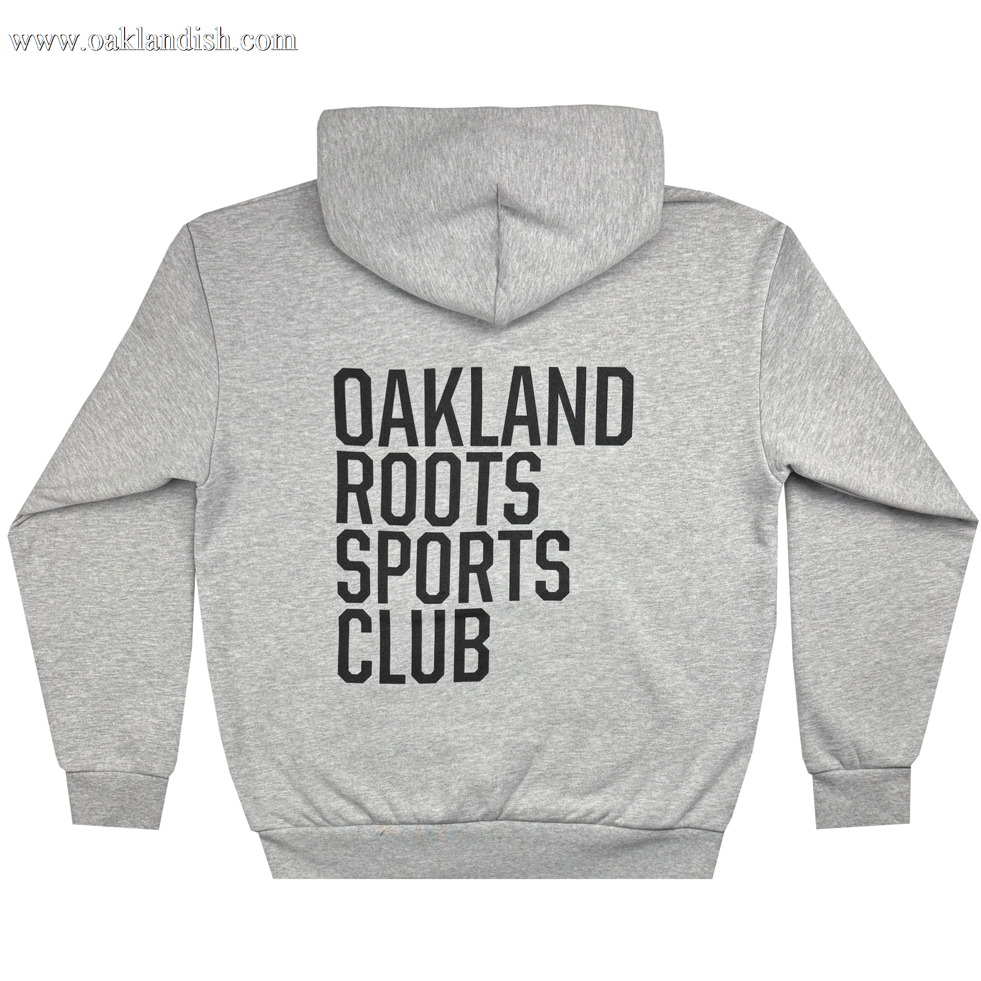 The Oakland Roots SC Heavy Hoodie by Oakland Roots SC is a gray hoodie featuring the bold "OAKLAND ROOTS SPORTS CLUB" print on the back. It includes a hood and long sleeves, offering a simple, casual design perfect for cool weather.