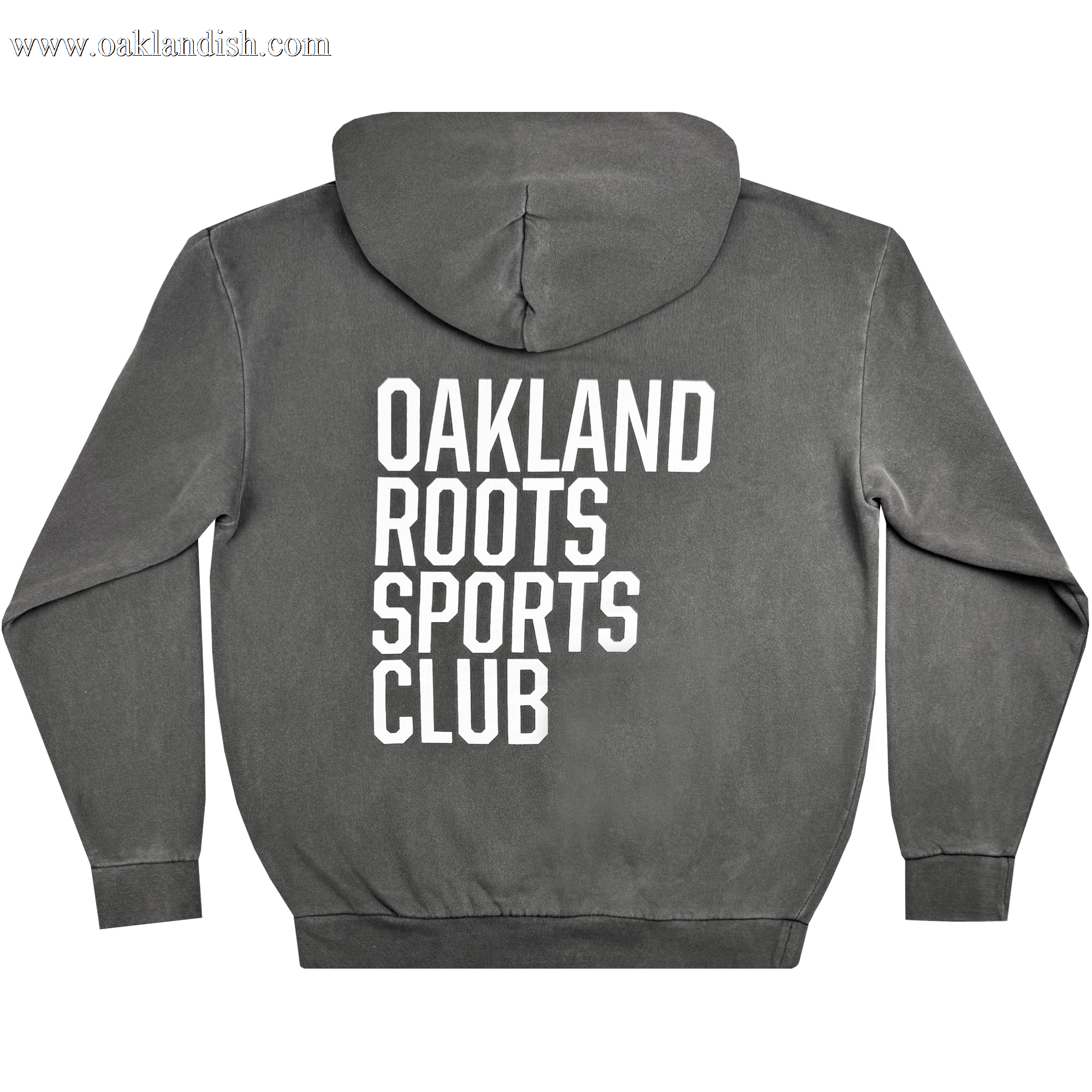The Oakland Roots SC Heavy Hoodie from Oakland Roots SC features a hood and displays large white text reading "OAKLAND ROOTS SPORTS CLUB" vertically across the back. This long-sleeved, relaxed-fit hoodie celebrates social good and community spirit.