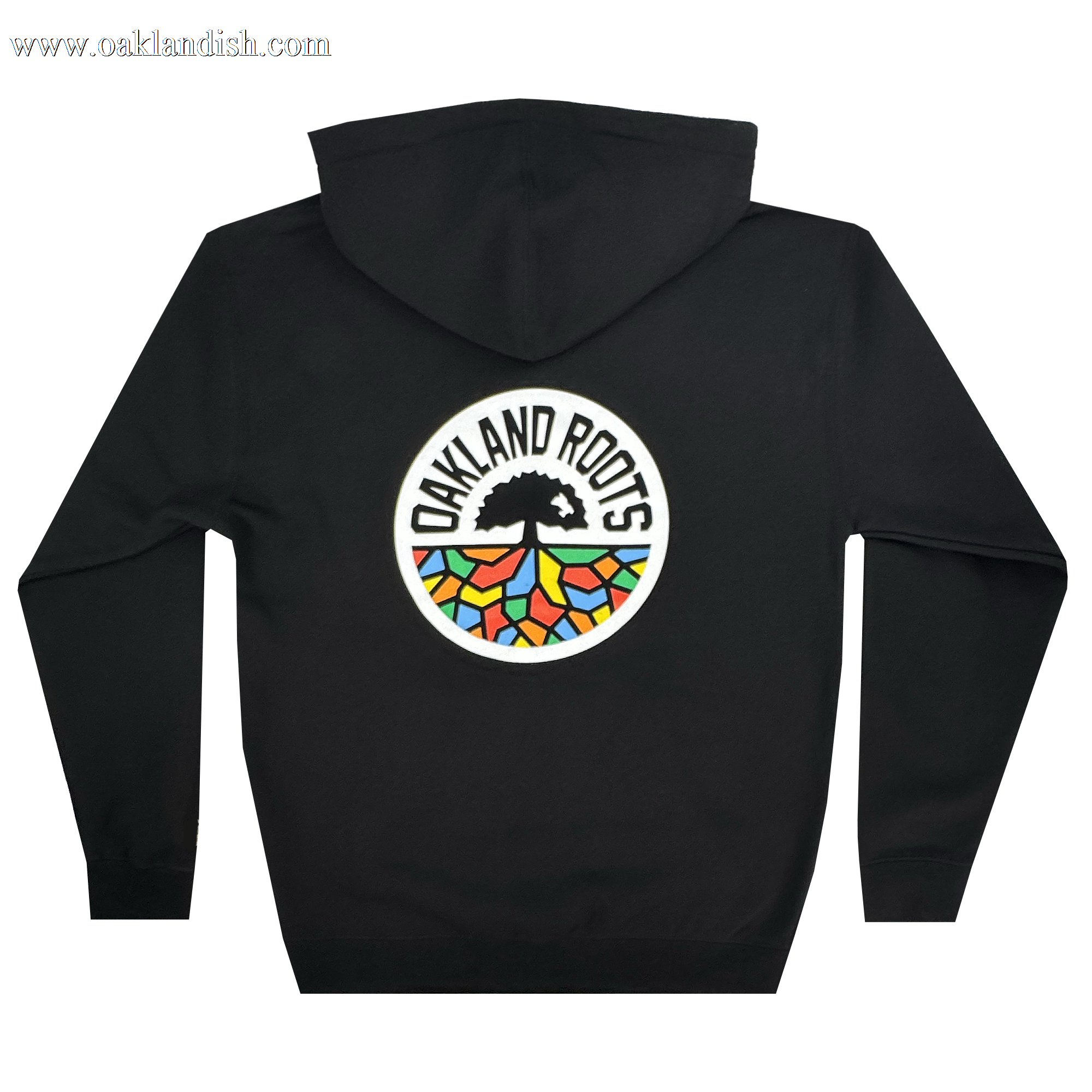 Experience the vibrant spirit of Oakland Roots SC with their Classic Zip Hoodie. This black hoodie features the iconic logo on the back—a stylized black-and-white tree encircled by colorful mosaic patterns, representing this community-driven sports club. Bold "OAKLAND ROOTS" lettering completes the design.