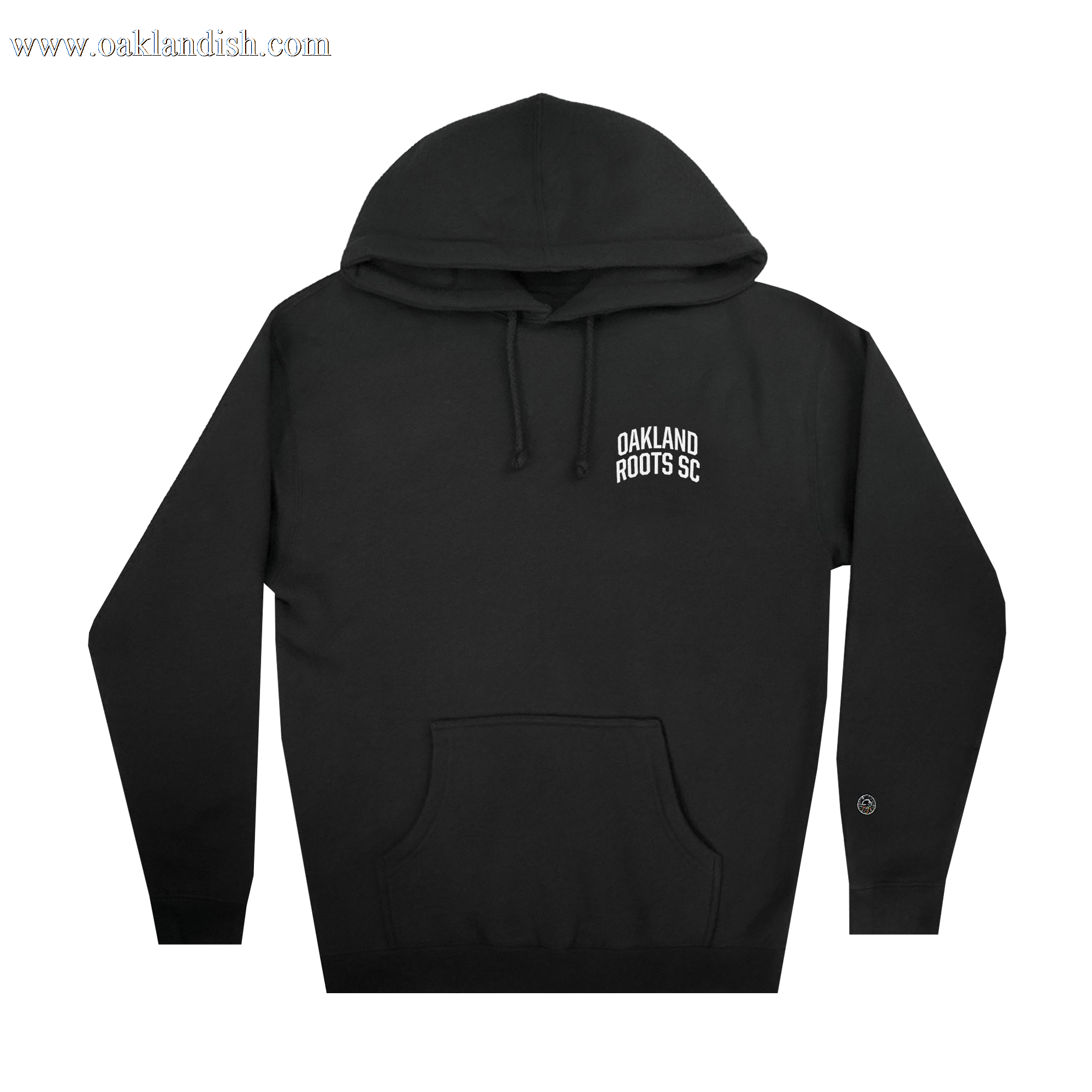 The Oakland Roots SC Classic Hoodie by Oakland Roots SC features a black color, front pocket, drawstring hood, and "Oakland Roots SC" printed in white on the left chest. It's perfect for merging style with your favorite sports club vibe during casual outings or cheering at games.