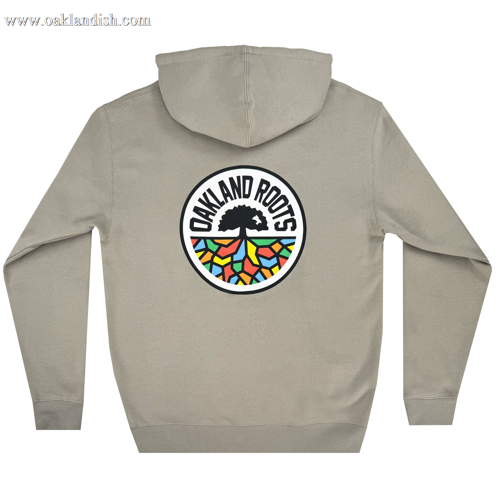 The Oakland Roots SC Classic Hoodie by Oakland Roots SC is a beige sweatshirt with a colorful back emblem displaying a black tree and multicolored roots in green, orange, blue, and red. The words "OAKLAND ROOTS" encircle the design.