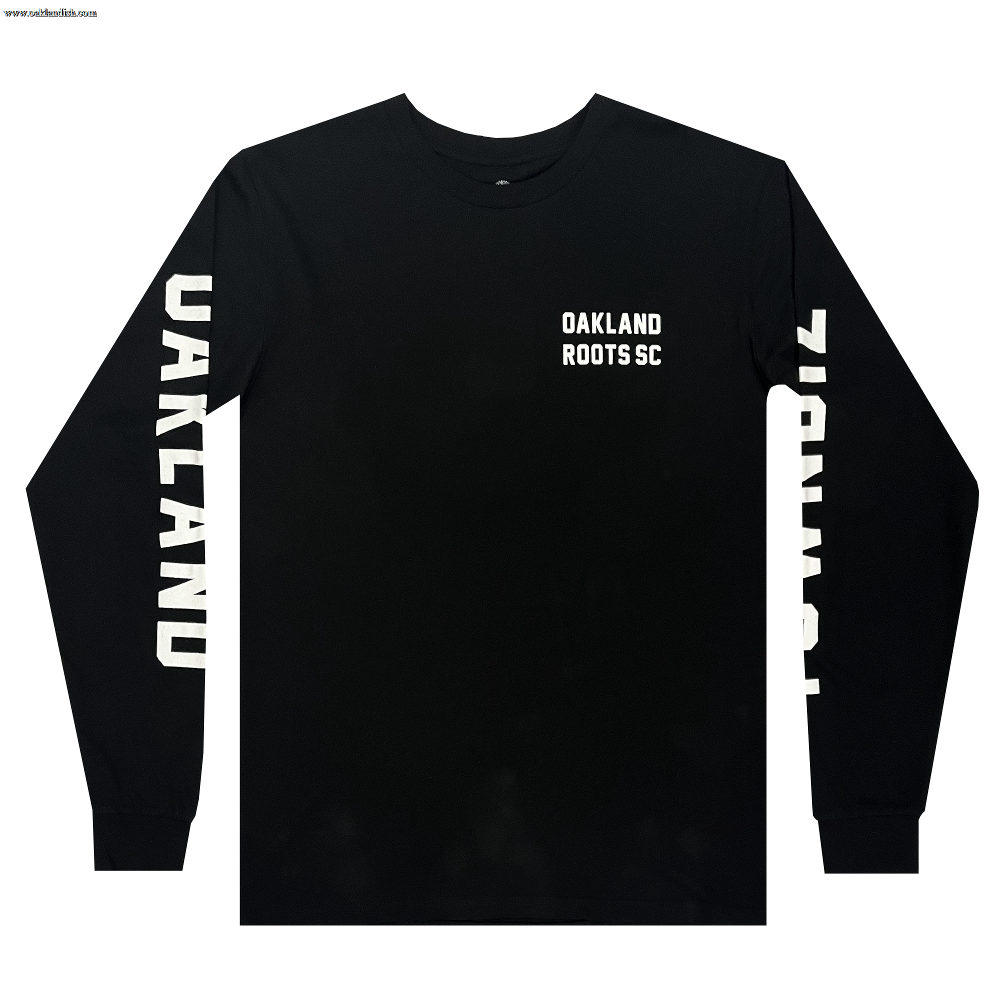 The Oakland Roots SC Classic 2.0 LS Tee, by Oakland Roots SC, is a black long sleeve t-shirt featuring the text "OAKLAND ROOTS SC" on the left chest area. "OAKLAND" is printed vertically in large white letters on the right sleeve, and "ROOTS" decorates the left sleeve. Perfect for any Oakland Roots sports club fan.