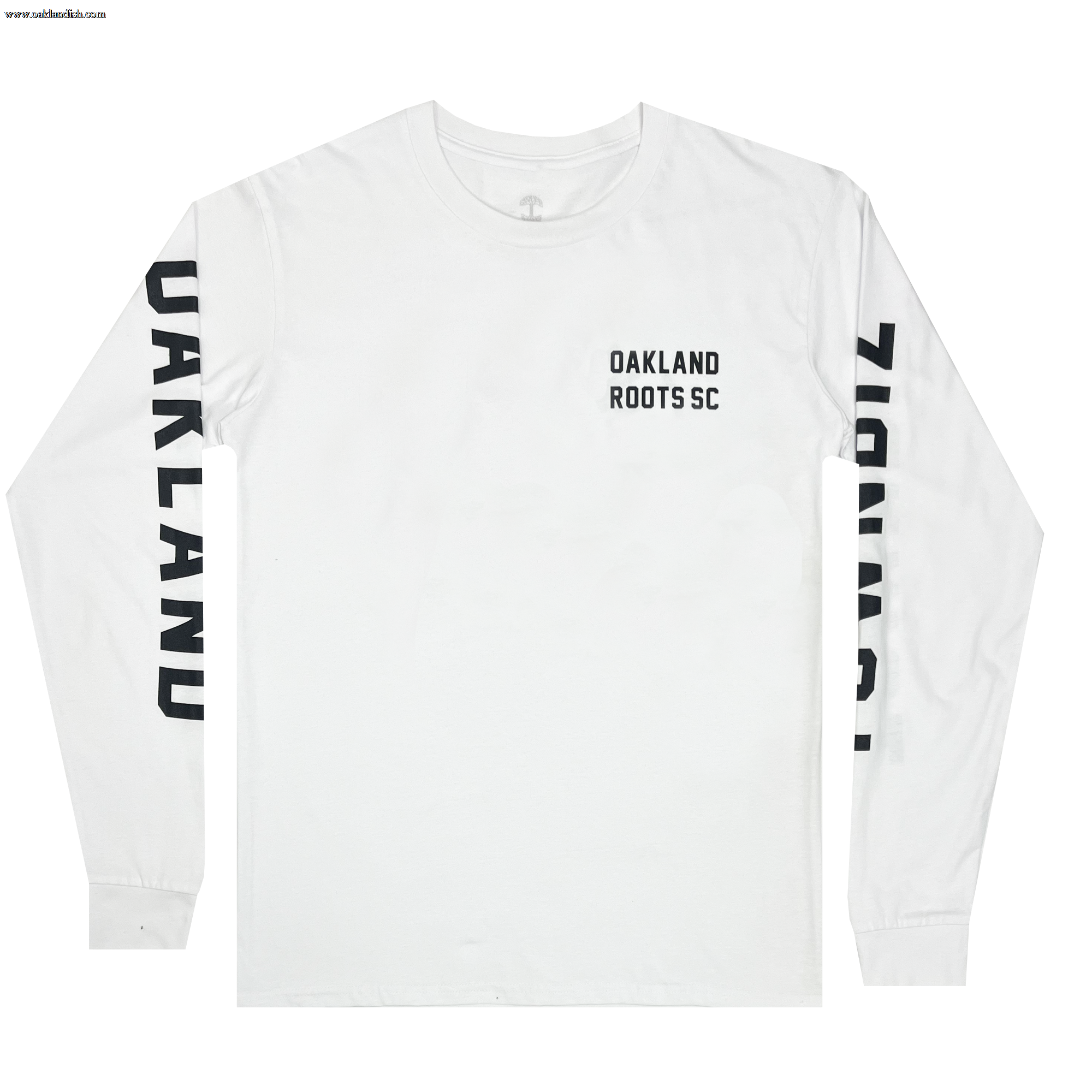 The Oakland Roots SC Classic 2.0 LS Tee features a white long-sleeve design with "OAKLAND ROOTS SC" printed in black on the upper left chest area. The word "OAKLAND" runs vertically down the length of both sleeves in bold black letters, making it the perfect apparel to showcase your support for Oakland Roots SC.