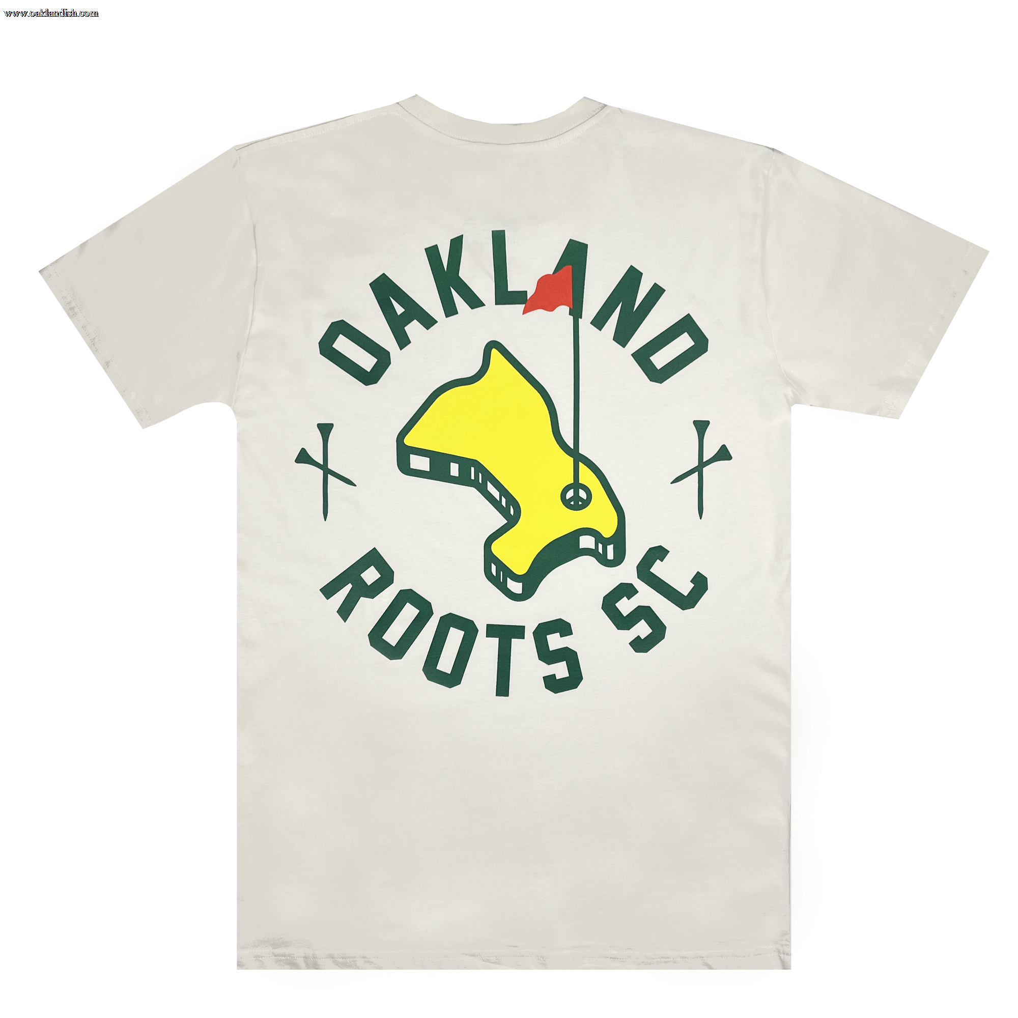 The "Members Only Tee" by Oakland Roots SC features a white base with a yellow and green map graphic at the center, topped with a red flag. Encircling the graphic, the words "OAKLAND ROOTS SC" are displayed in green text, accompanied by two crossed green golf clubs on either side of the map, symbolizing Oakland Roots' dedication to social good.