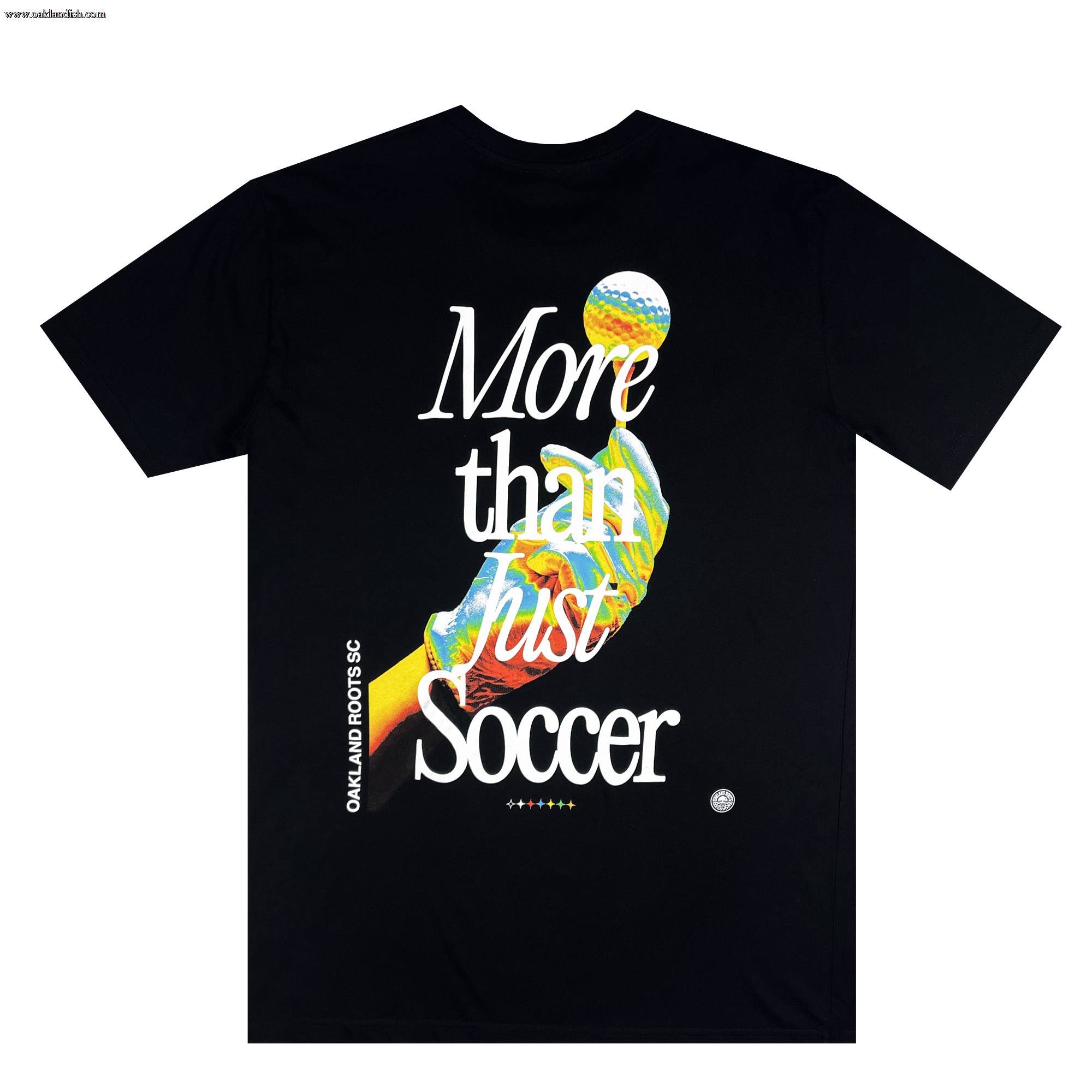 The More Than Soccer Tee is a black t-shirt from Oakland Roots SC, showcasing a vibrant, stylized depiction of a person performing a bicycle kick with a soccer ball. The shirt features the phrase "More than just Soccer" in prominent white, bold lettering. Additionally, "OAKLAND ROOTS SC" is printed vertically along the left side of the image. This Oaklandish Classic fit t-shirt proudly supports social good and community spirit through sports.