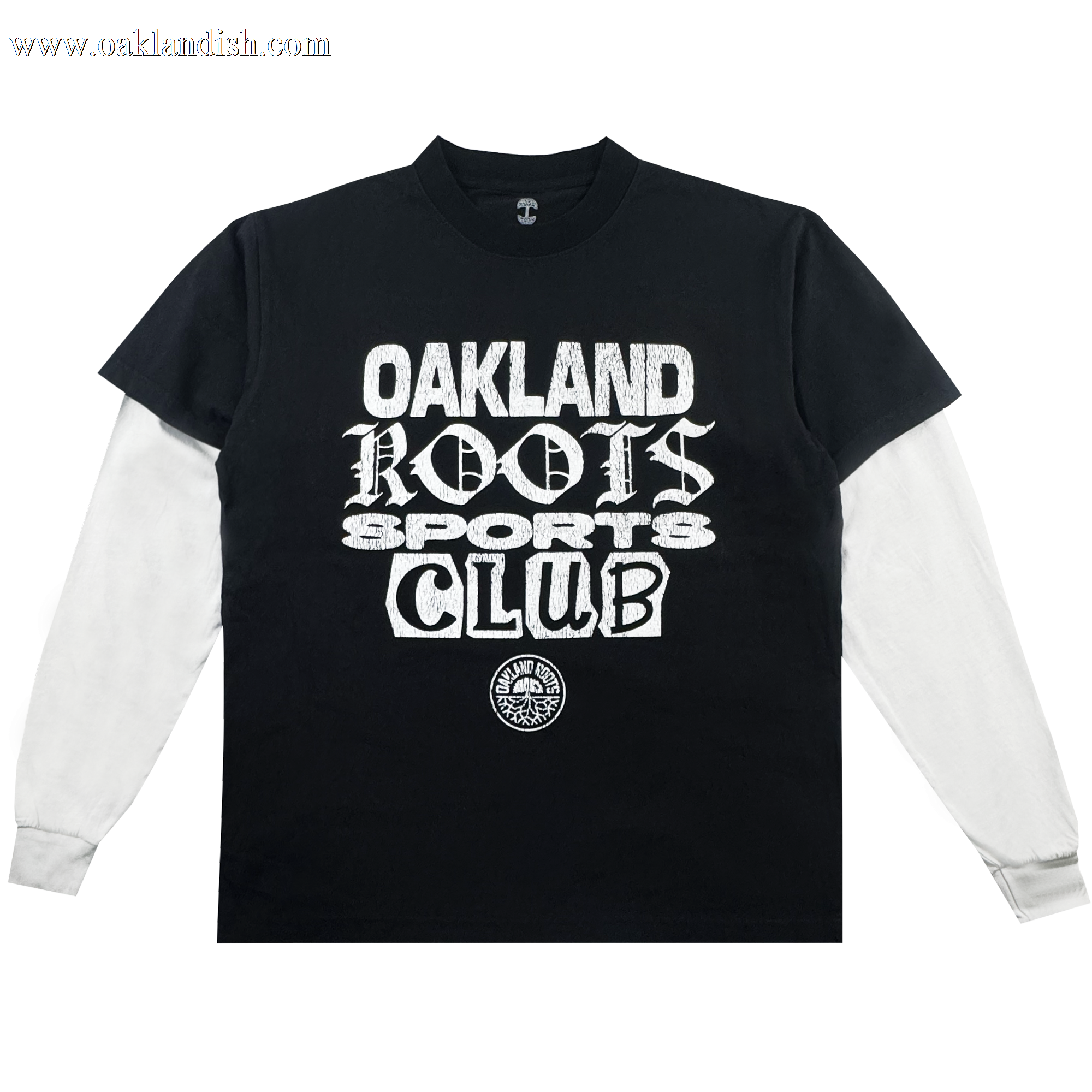 The Multi Text LS Tee by Oakland Roots SC features an oversized fit, vintage black styling with white sleeves, and a bold “OAKLAND ROOTS SPORTS CLUB” graphic above the classic round team logo on the front.