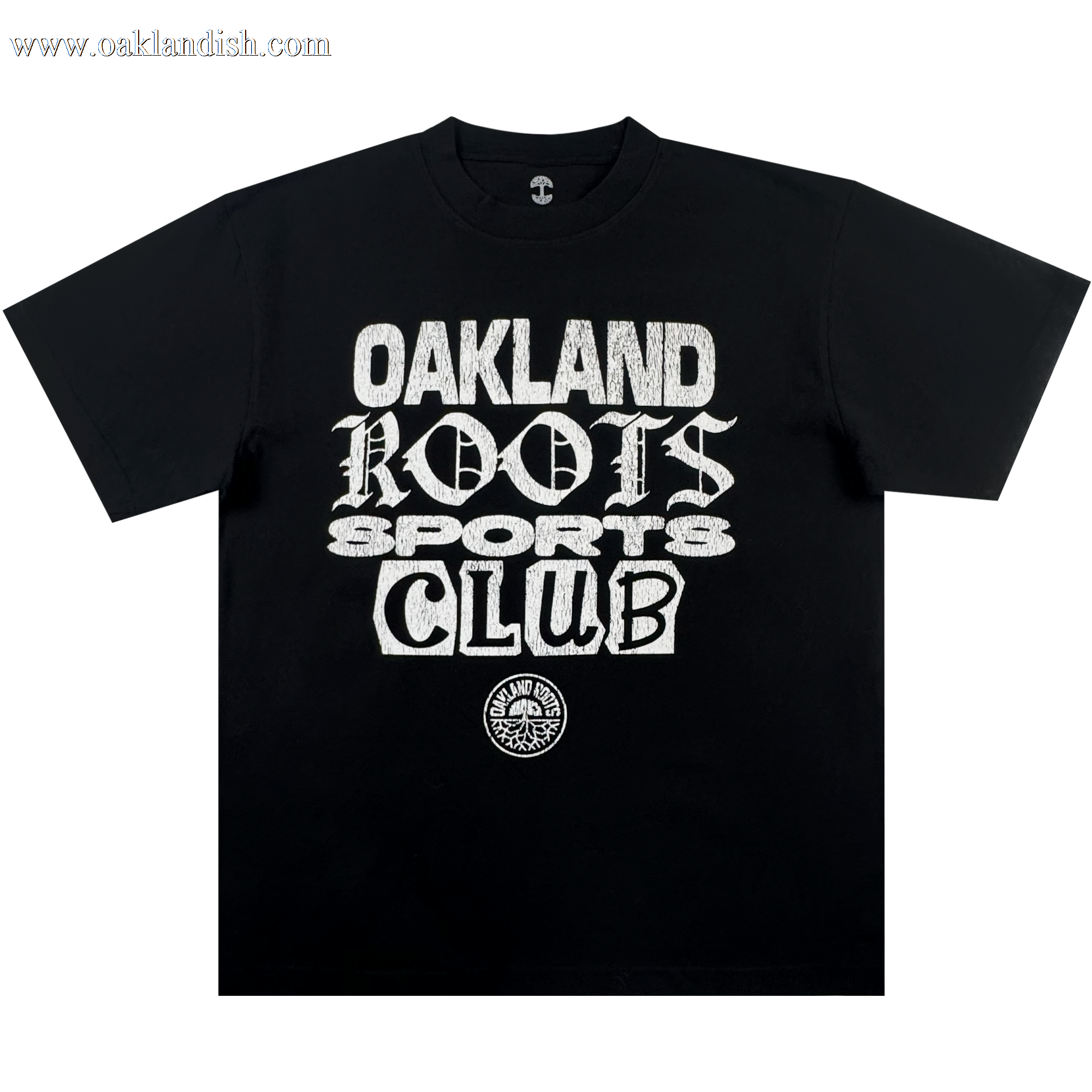 The Oakland Roots SC Multi Text SS Tee is a vintage black oversized t-shirt with bold white text in multiple fonts and a circular tree logo, displayed flat on a plain white background.