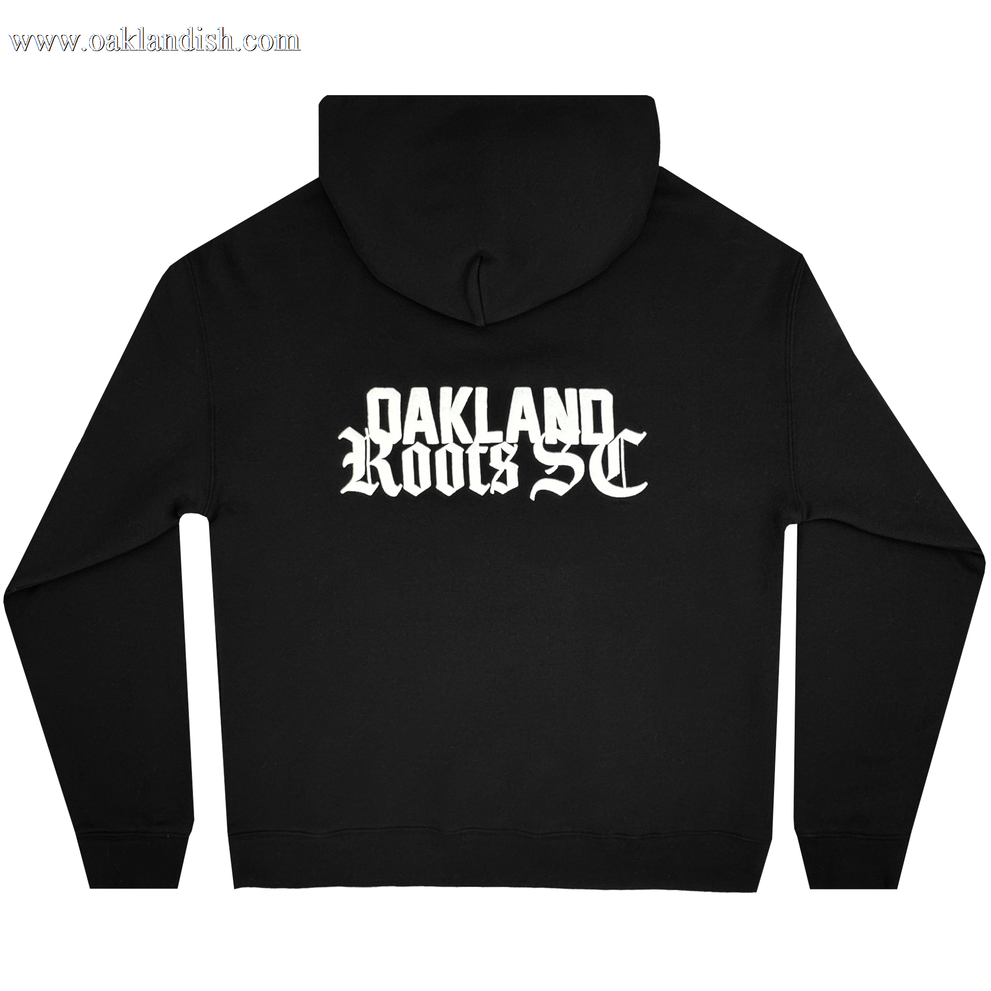 The Oakland Roots SC Logo Premium Hoodie by Oakland Roots SC features bold white Old English-style "OAKLAND ROOTS SC" text across the upper back, shown here in black midweight fleece against a white background.