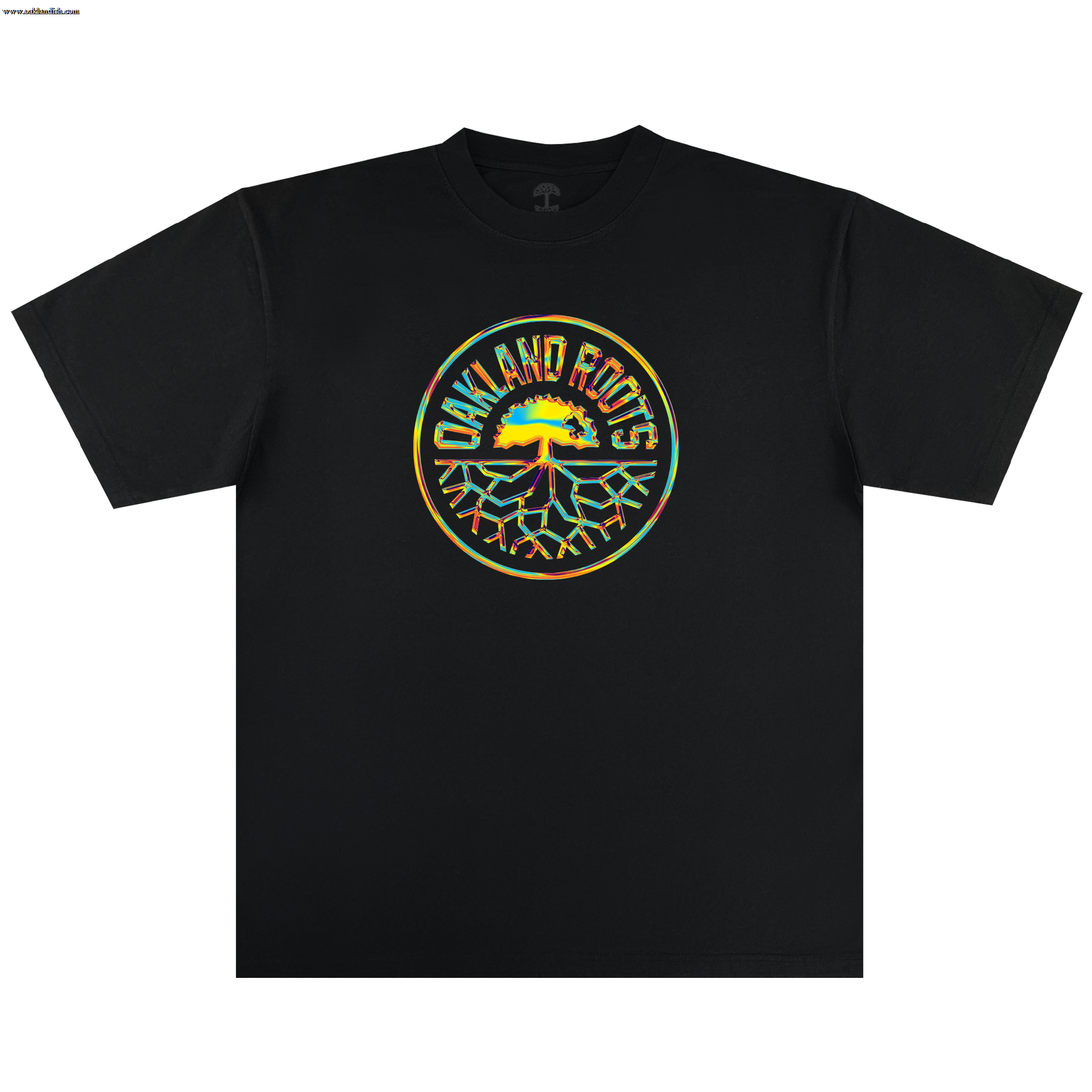 The Iridescent Tee by Oakland Roots SC features a vibrant circular logo with a yellow, green, and red tree design—celebrating the club's spirit and community roots.