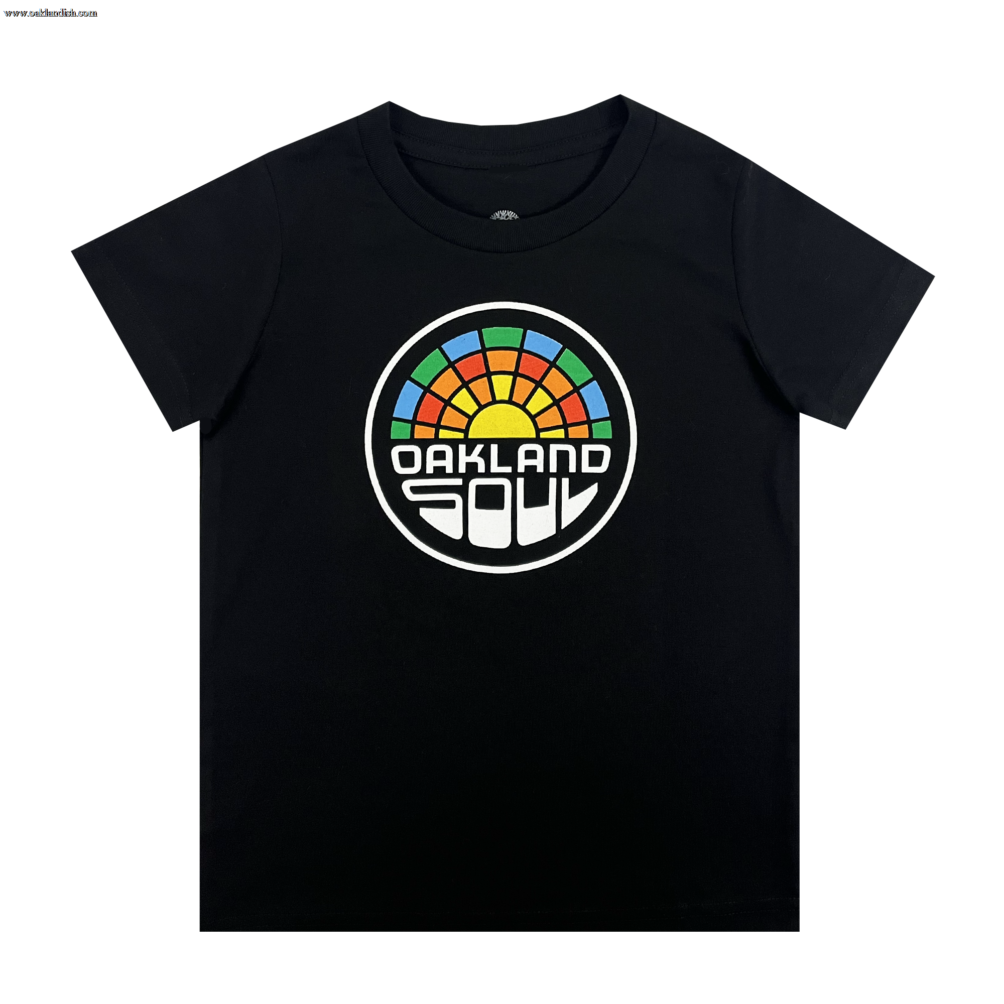 A black Toddler Oakland Soul Logo Tee from Oakland Soul featuring a vibrant, circular logo in the center. The logo has a rainbow-like design with segments in green, blue, red, orange, and purple, resembling a sunset. Below it is bold text reading "OAKLAND" and curved letters spelling "SOUL," representing the Oakland Soul women's soccer team from the USL W-League.