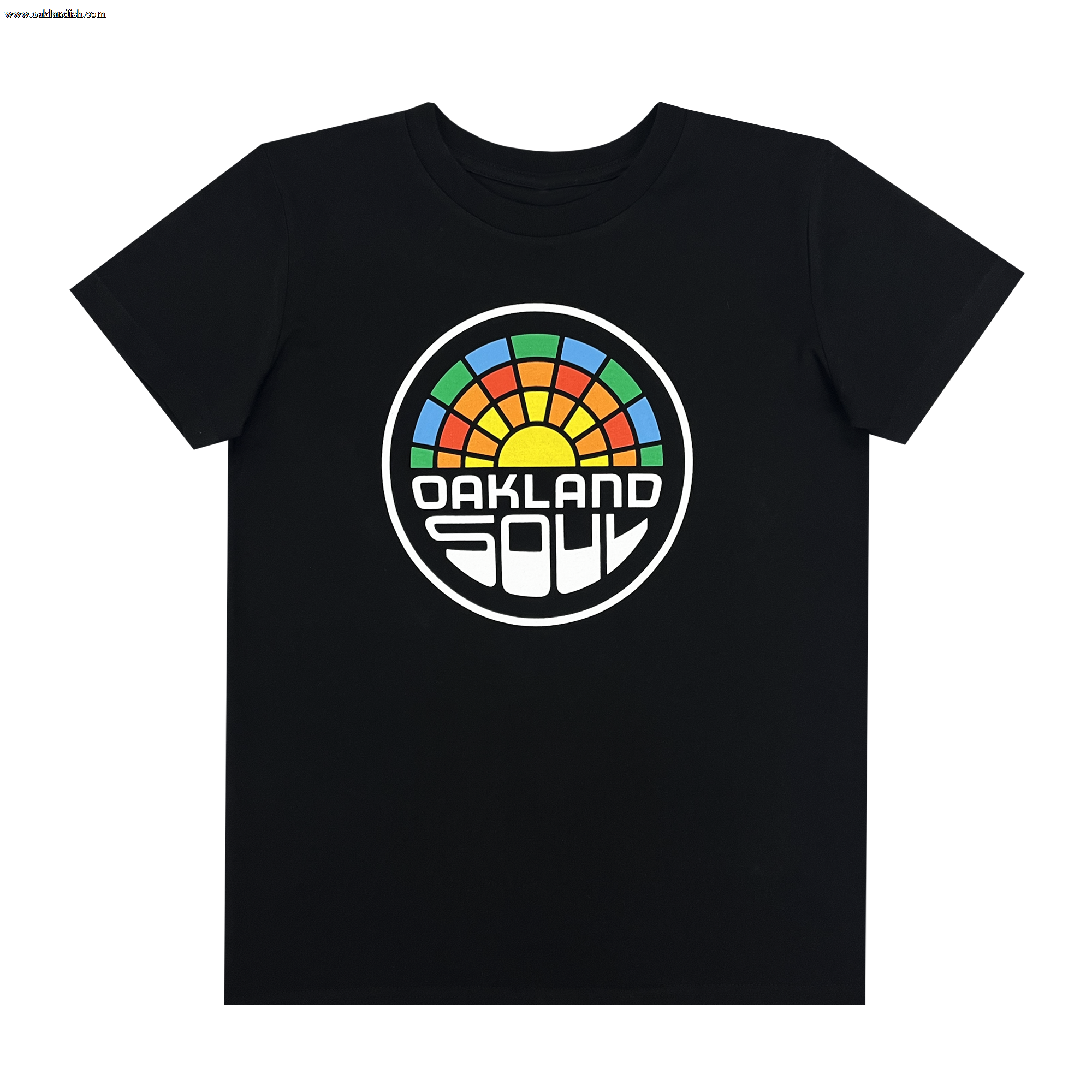 Youth Oakland Soul Logo Tee from Oakland Soul: This black T-shirt showcases a vibrant, semi-circular graphic design at the center with segments in green, orange, yellow, and blue. Below the eye-catching graphic, "OAKLAND SOUL" is prominently displayed in bold, white letters. Show your support for women's soccer and the USL W-League with this striking tee.