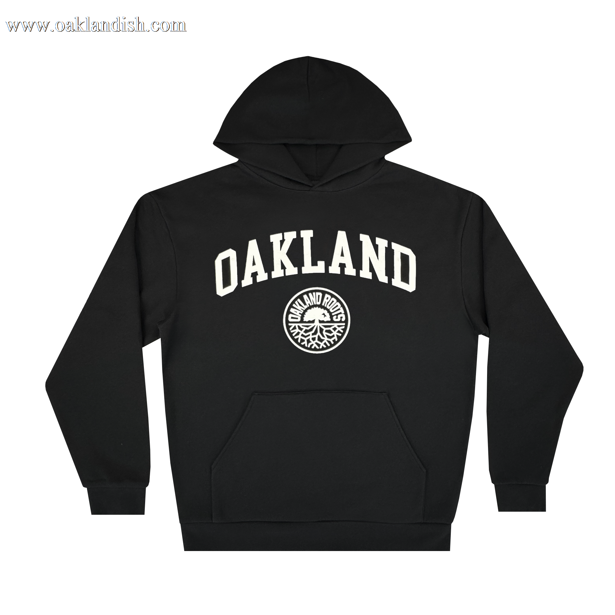 The Oakland Roots SC University Hoodie is a men’s black pullover featuring bold “OAKLAND” in white, a circular “OAKLAND ROOTS” logo, front pocket, and ribbed cuffs. Brand: Oakland Roots SC.