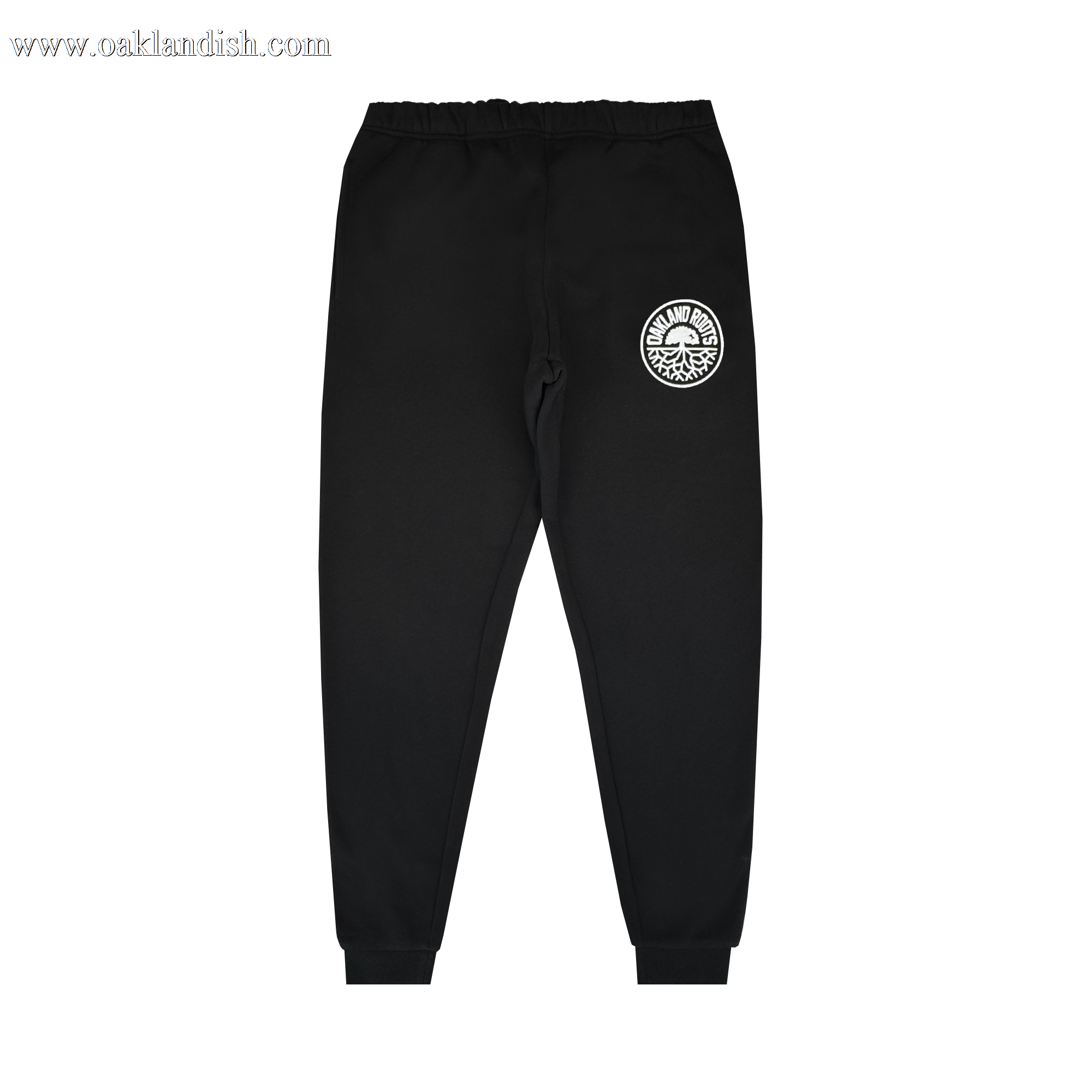 The Oakland Roots SC University Pant for men features an elastic waistband and cuffs, a relaxed fit, and a white Oaklandish tree logo on the left thigh. Displayed flat on a white background. Brand: Oakland Roots SC.