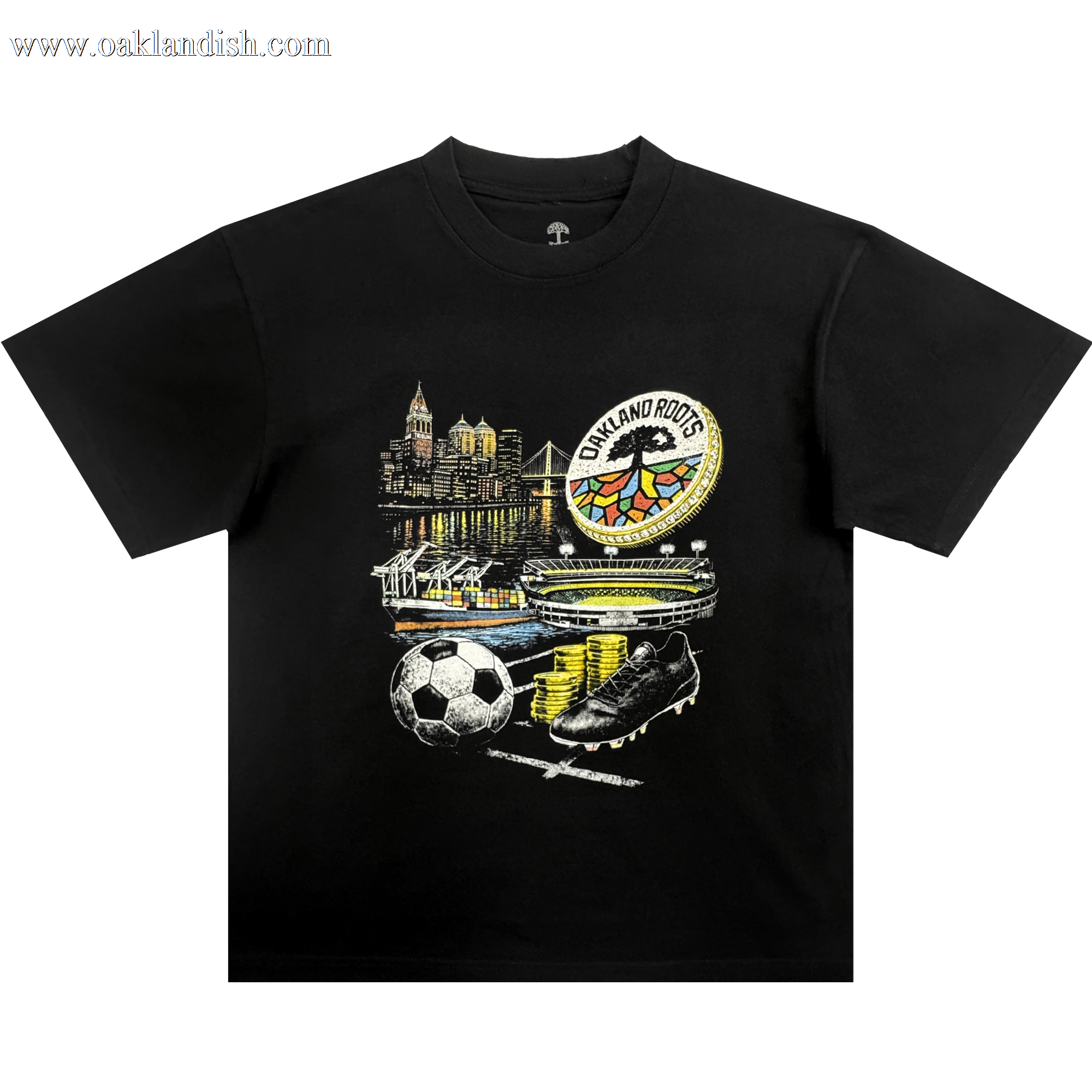 The Wager Tee by Oakland Roots SC is a black t-shirt featuring a vibrant graphic with the Oakland skyline, Roots SC crest, soccer ball, cleats, coins, gold chains, and a stadium—celebrating Oakland soccer culture.