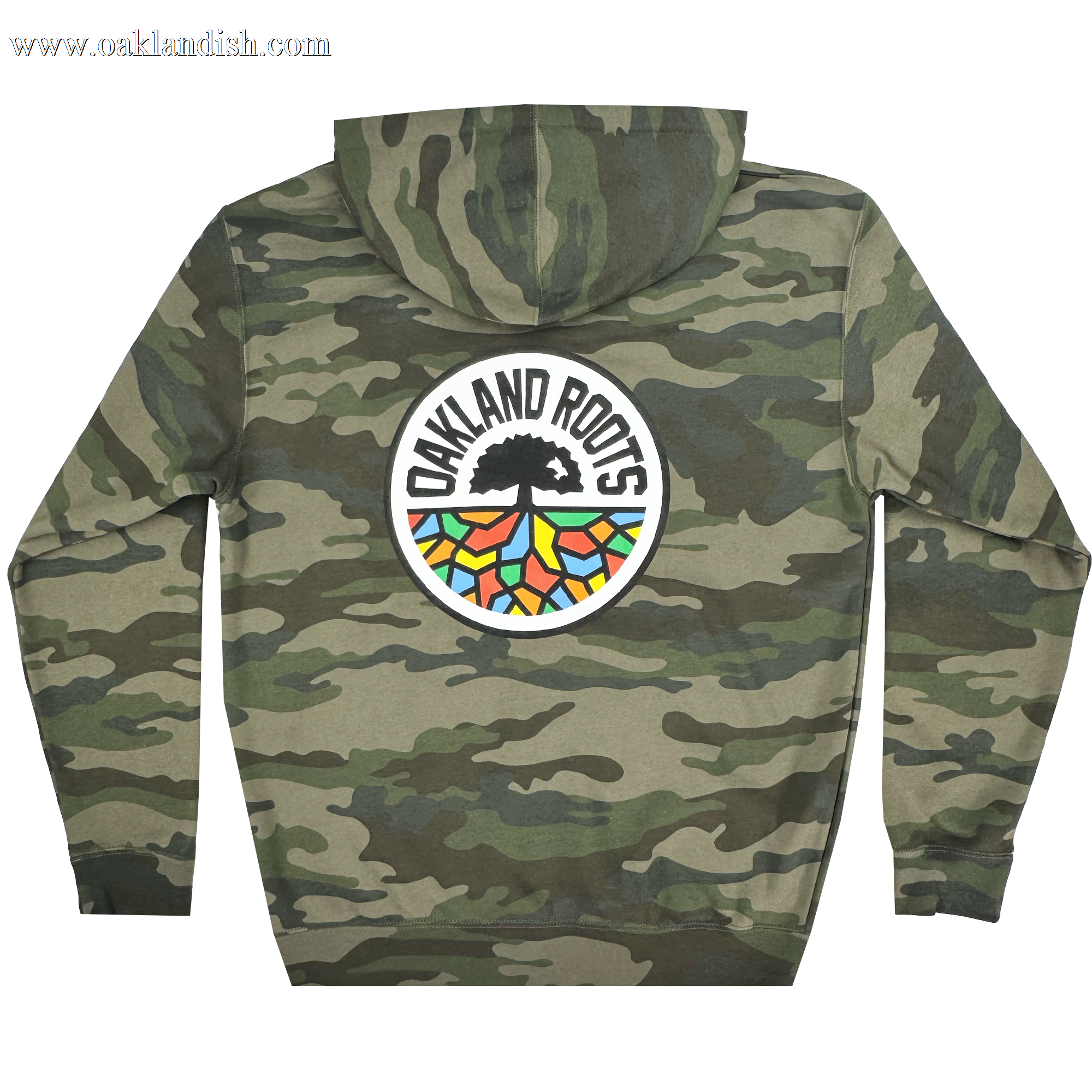 The Oakland Roots SC Classic Zip Hoodie by Oakland Roots SC features a camouflage design with a bold back logo: "OAKLAND ROOTS" encircles a black tree with vibrant roots in green, blue, orange, and red on white. A long-sleeved piece with a drawstring hood combines sports club style and comfort.