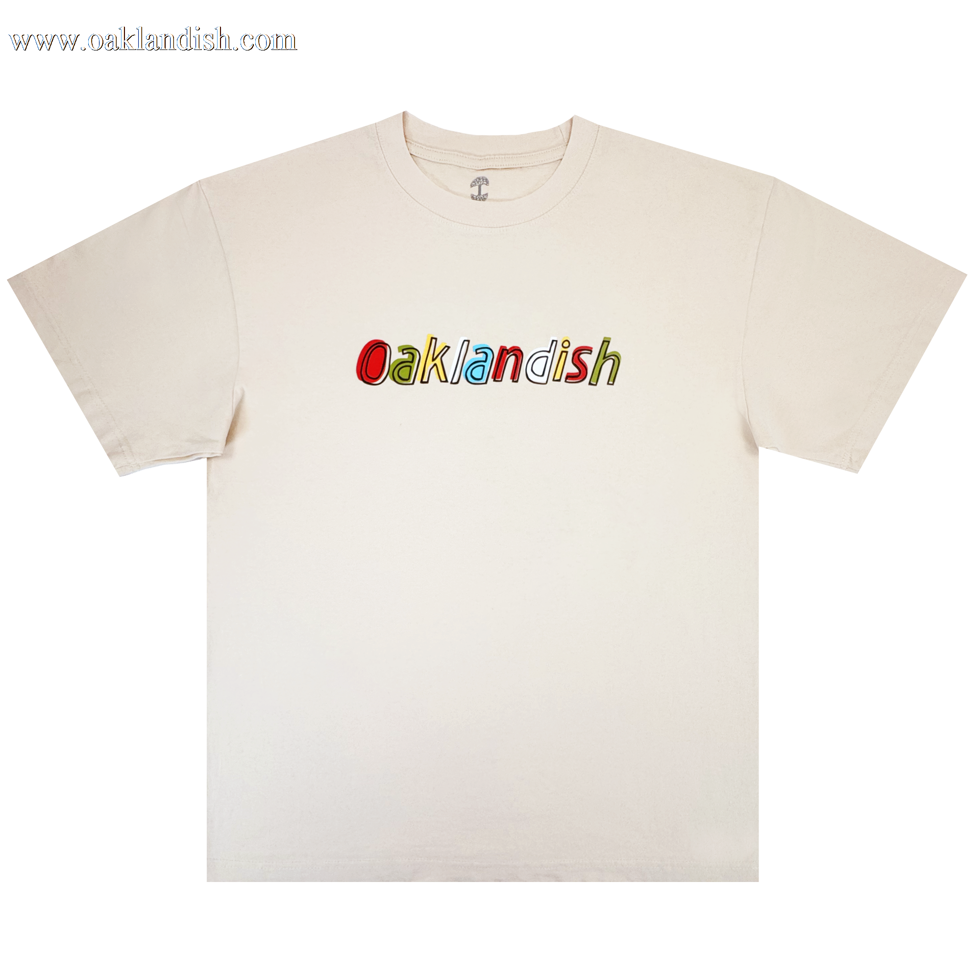 The Scrawl Tee by Oaklandish is a classic-fit men’s t-shirt in off-white, featuring colorful, outlined "Oaklandish" lettering on the chest. Made from heavy-weight cotton, it has short sleeves and a crew neckline for comfort and style.